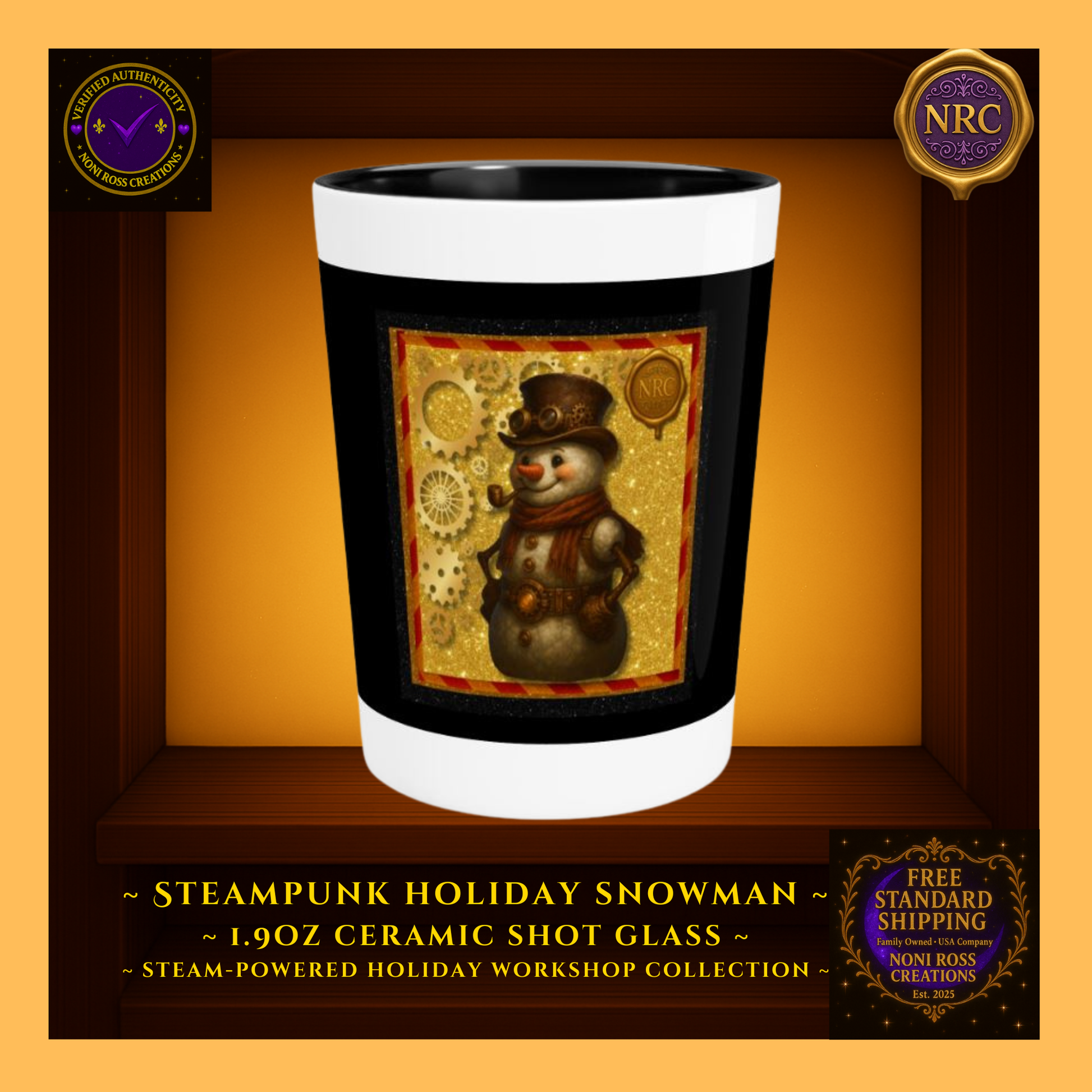 Steampunk Snowman 1.9oz ceramic shot glass with top hat, carrot nose, and gold gear accents — Noni Ross Creations.