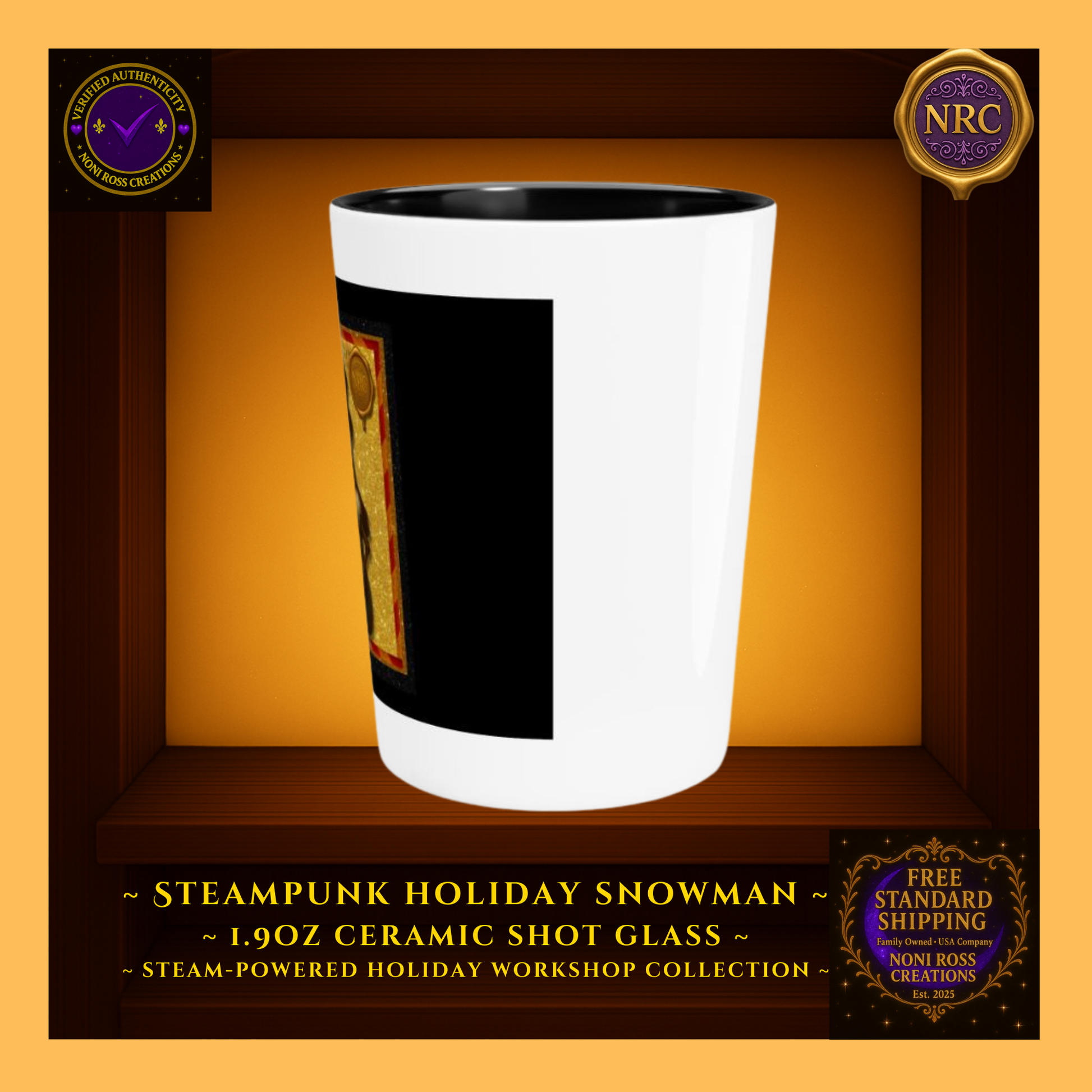 Right-side profile of 1.9oz Snowman shot glass highlighting design seam and festive red-gold tones.