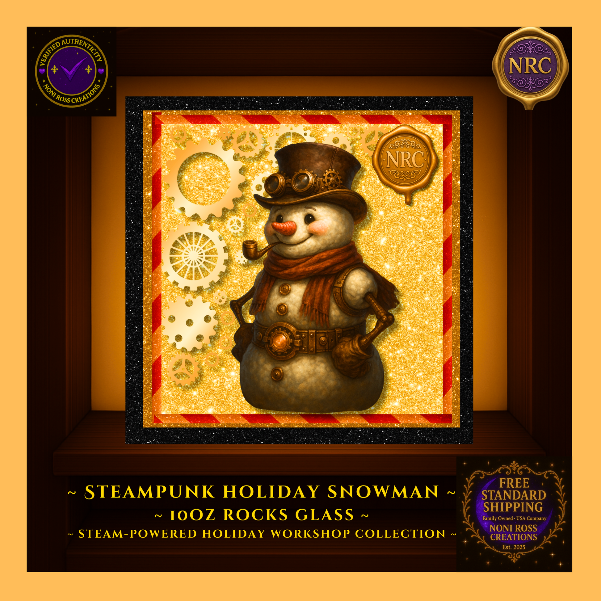 Close-up of Snowman artwork on rocks glass showing brass cogs, top-hat detail, and crisp print on clear glass.