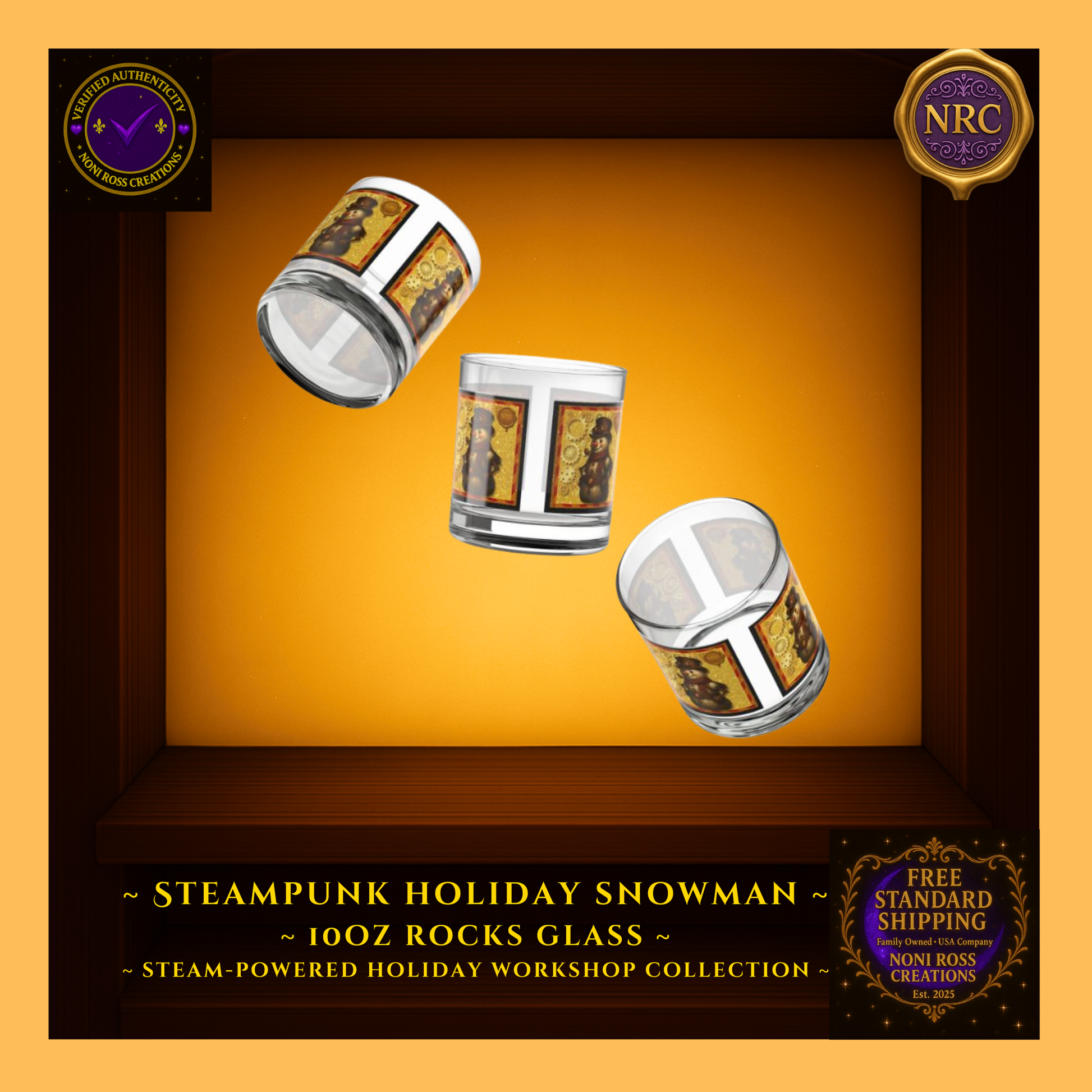 Steampunk Snowman rocks glass styled with cookies, cocoa, and garland—gift-ready collectible display.