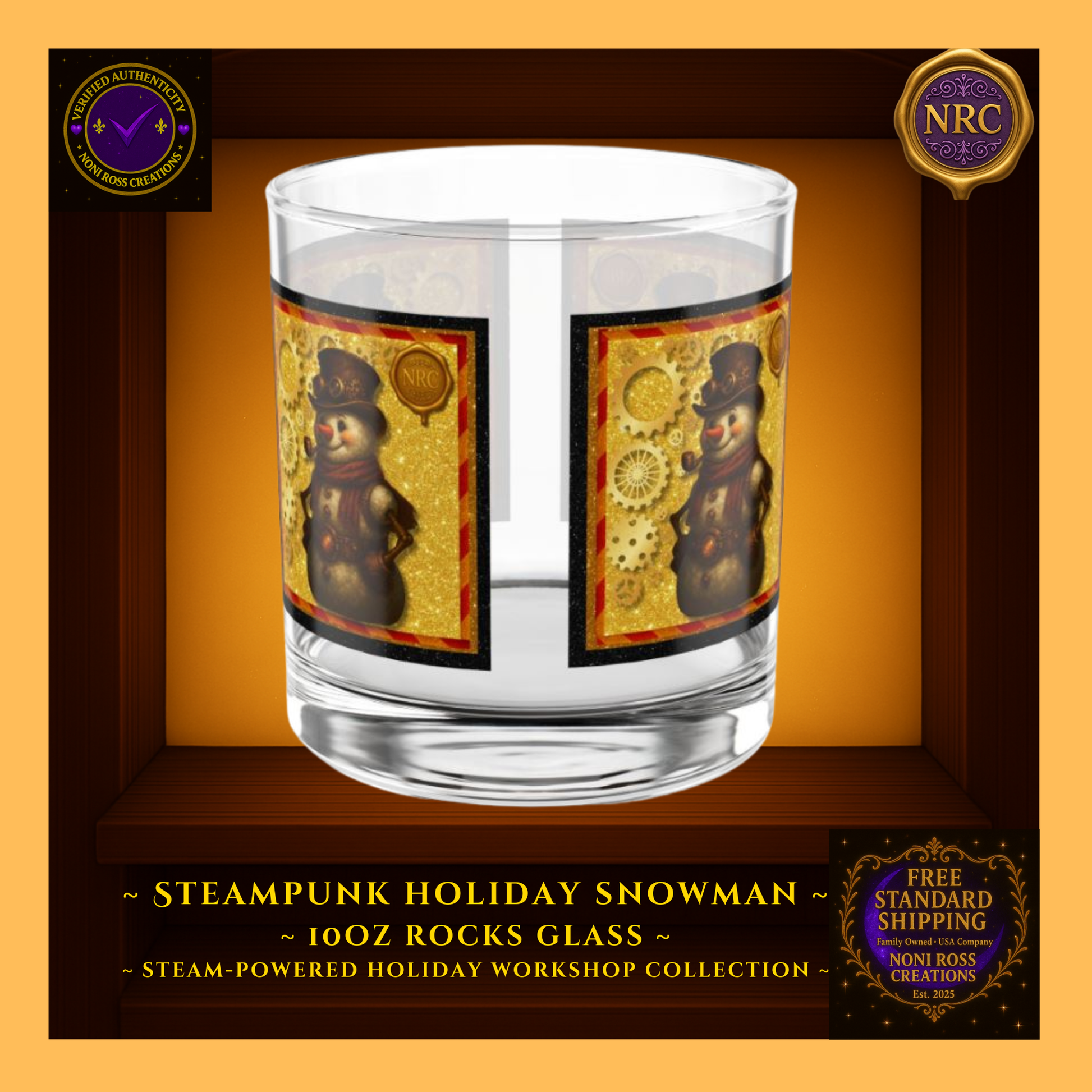 Steampunk Snowman 10oz rocks glass with top hat, carrot nose, and gold gear accents — Noni Ross Creations holiday barware.