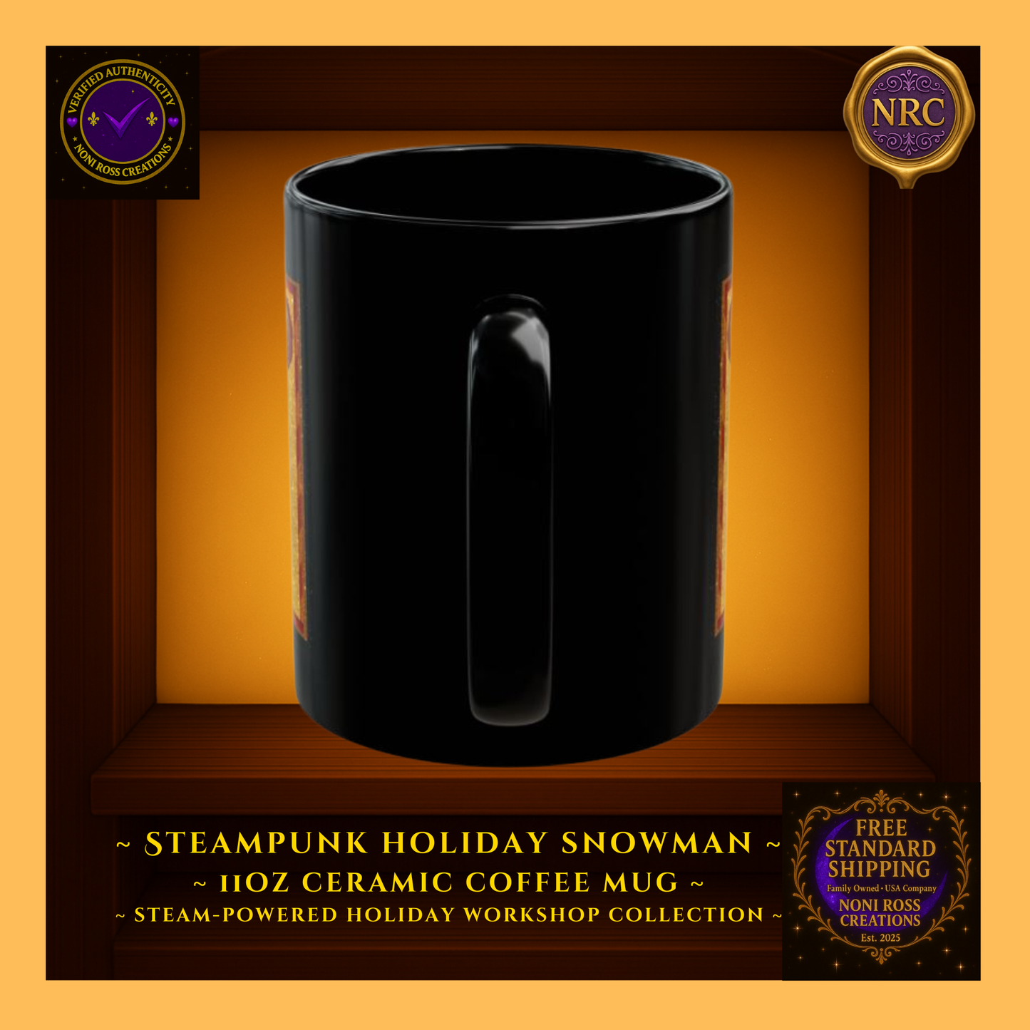 Handle view of Snowman ceramic mug showing comfortable curved grip and edge of steampunk artwork wrap.