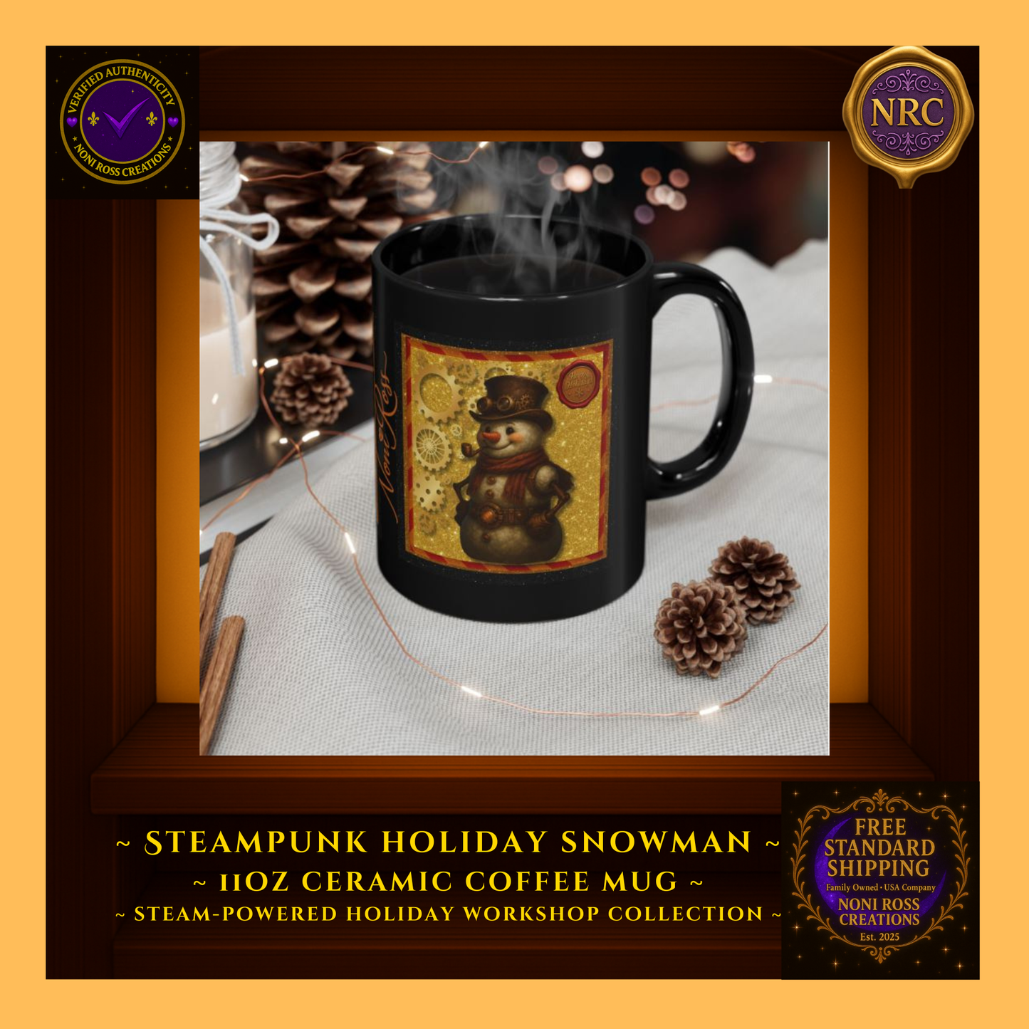 Snowman steampunk mug filled with hot cocoa beside cookies and ornaments on a cozy holiday tabletop.