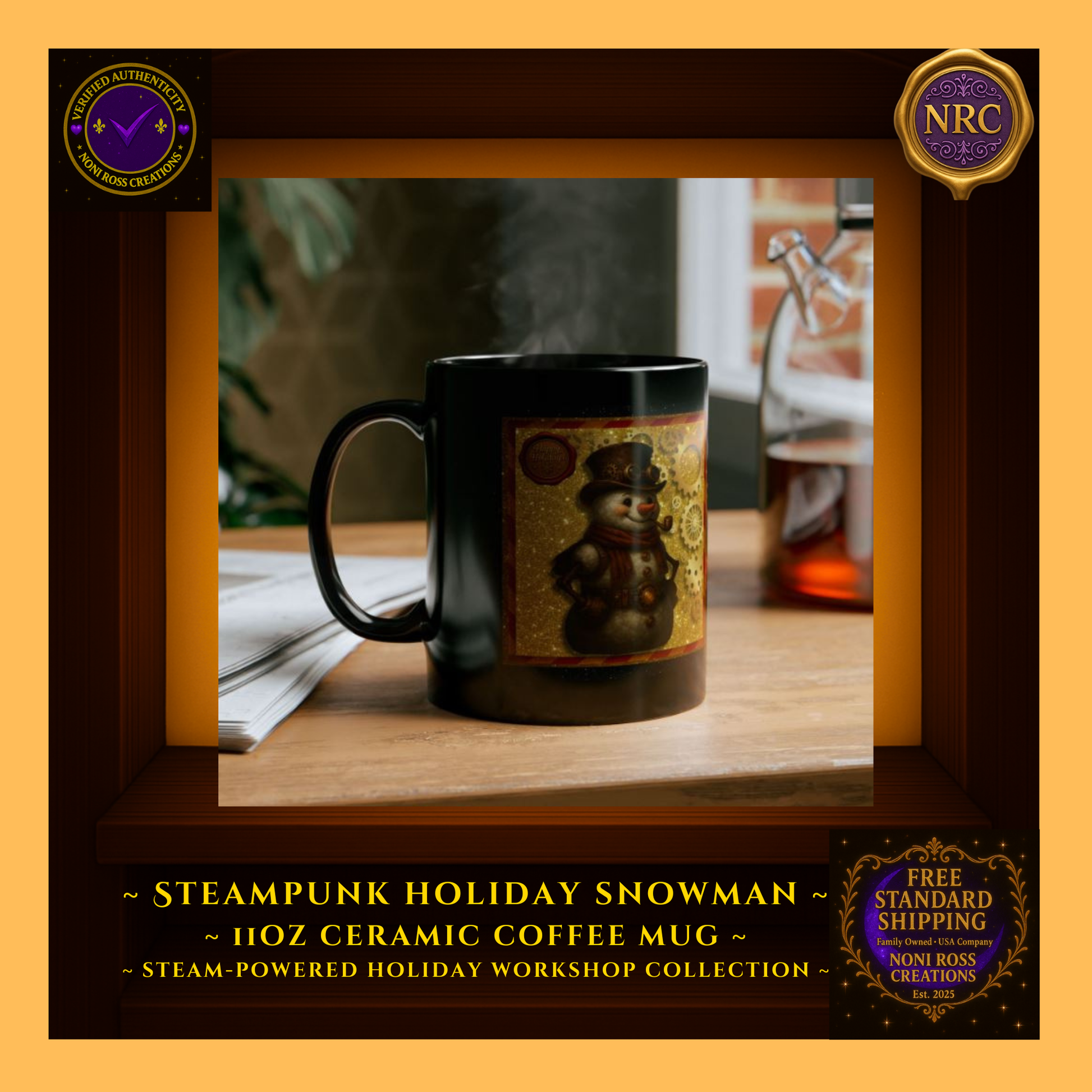 Steampunk Snowman mug on a tray with garland, books, and twinkle lights—gift-ready collectible display.