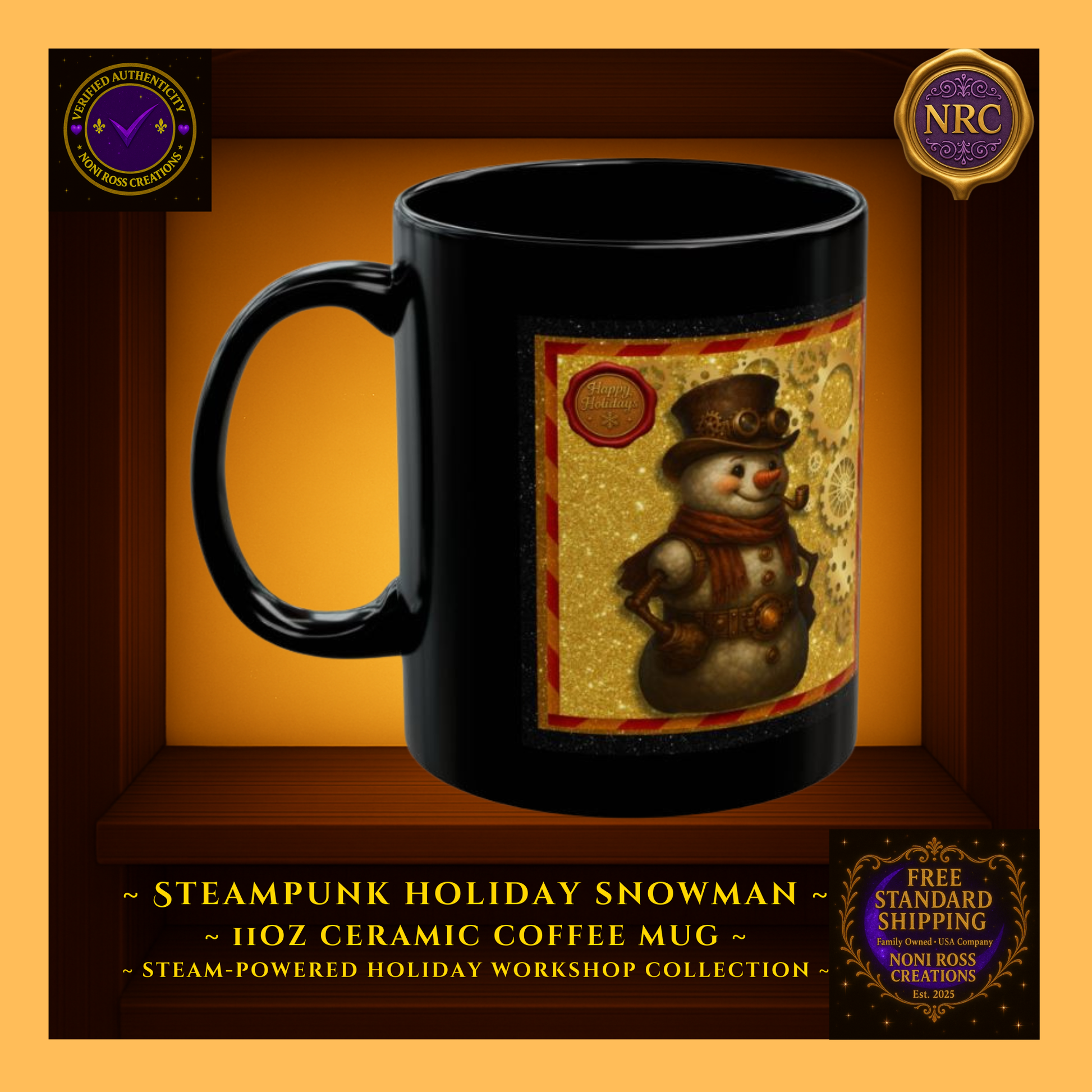 Left-side view of Snowman 11oz mug showing wrap artwork edge, brass cog details, and glossy finish.