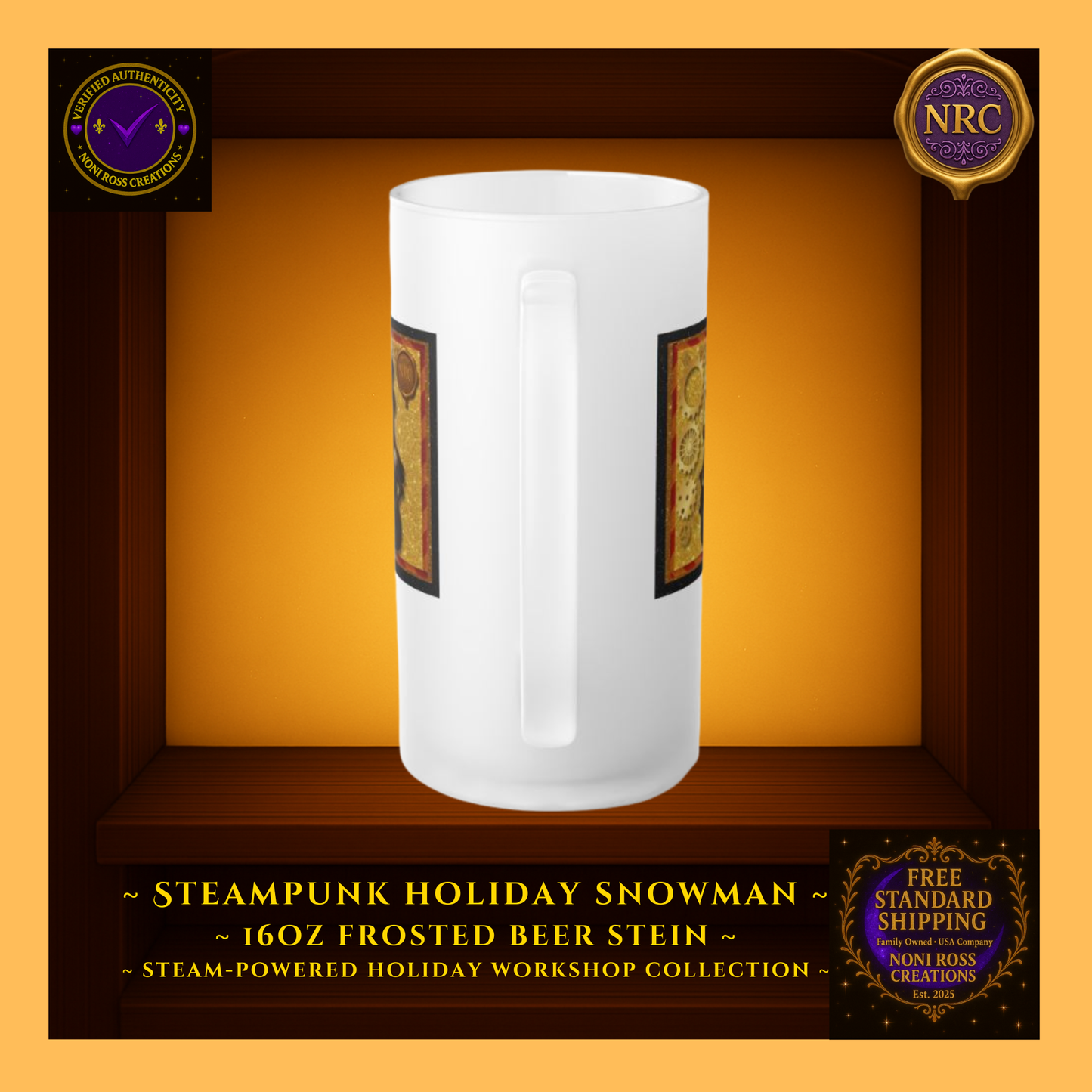Back view of Snowman frosted stein showing design wrap continuity and clean glass surface.