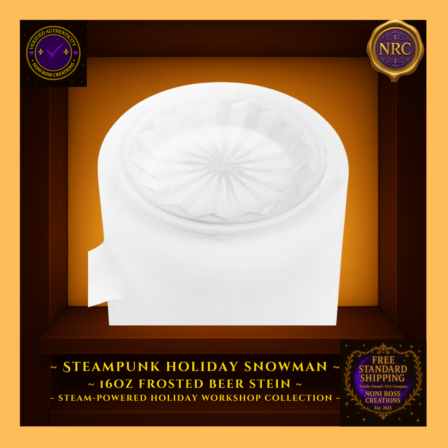 Bottom view of Snowman frosted beer stein showing sturdy base and clear rim.