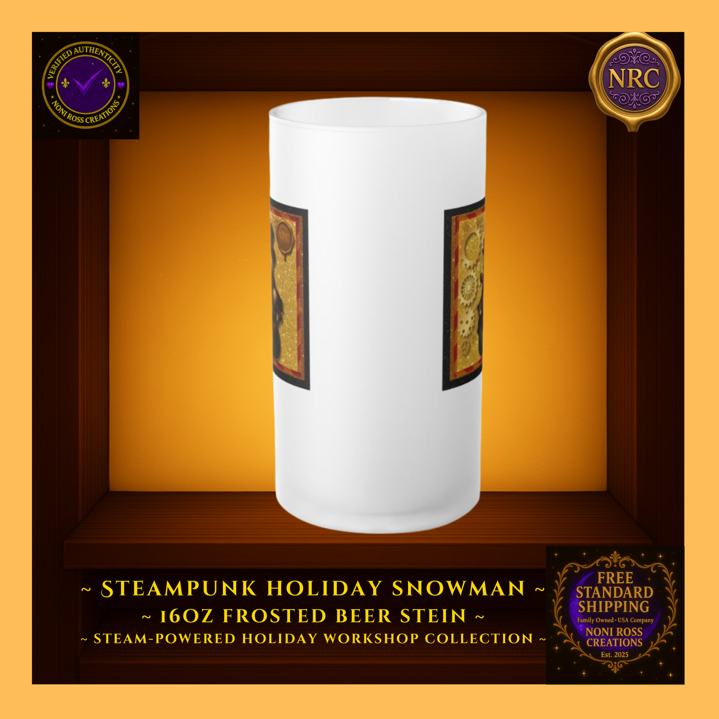 Front view of 16oz frosted beer stein showing Snowman centerpiece artwork and smooth matte-frost texture.