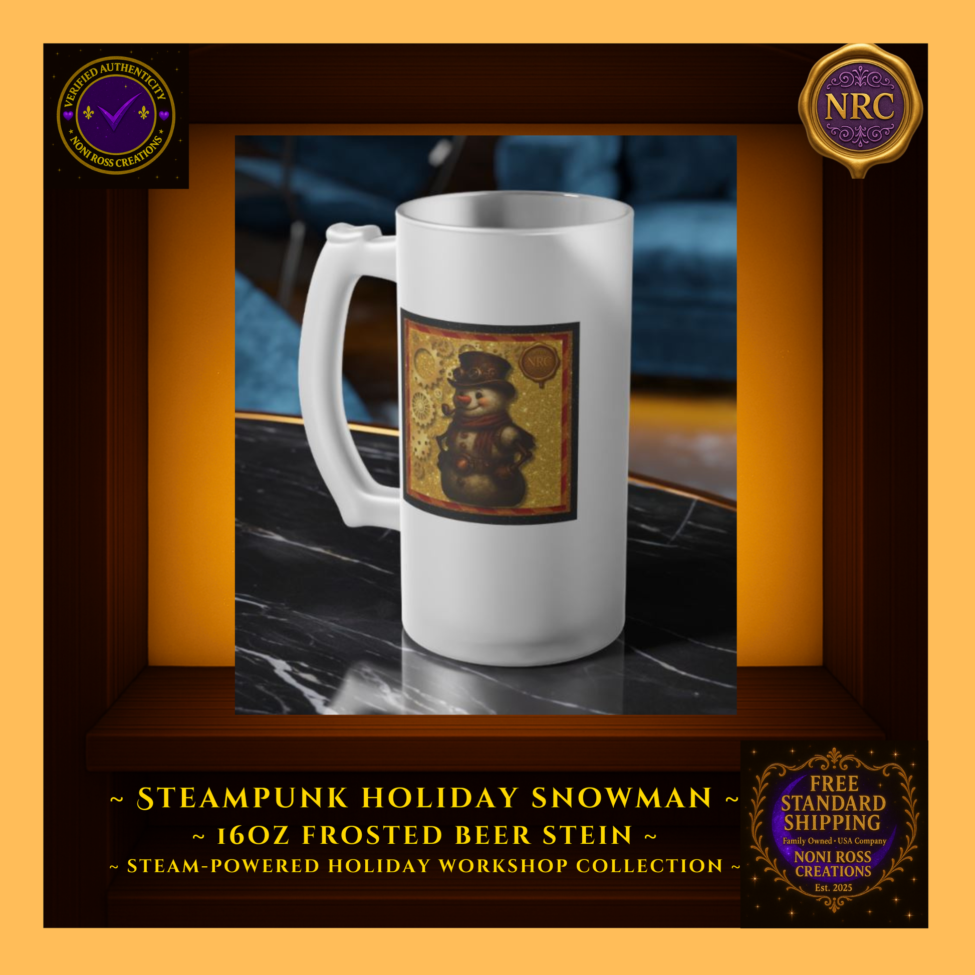 16oz Snowman frosted stein filled with amber drink beside cookies and garland—cozy Christmas vignette.