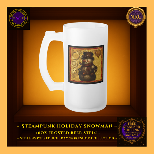 Steampunk Snowman 16oz frosted beer stein with top hat, carrot nose, and gold gear accents — Noni Ross Creations.