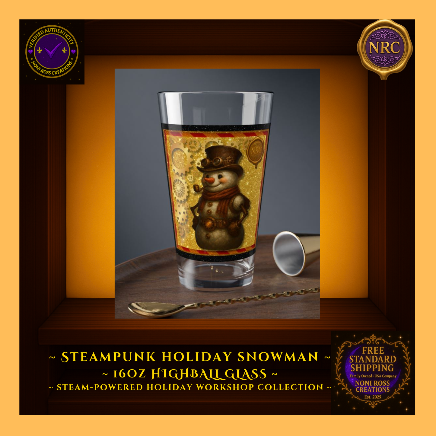 16oz Snowman highball filled with a festive drink beside cookies and garland—gift-ready collectible display.