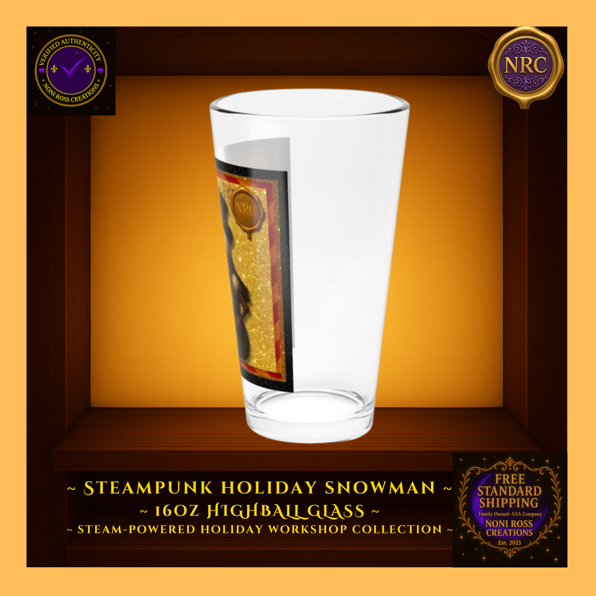 Right-side view of 16oz Snowman highball highlighting steampunk motifs and festive red-gold tones.
