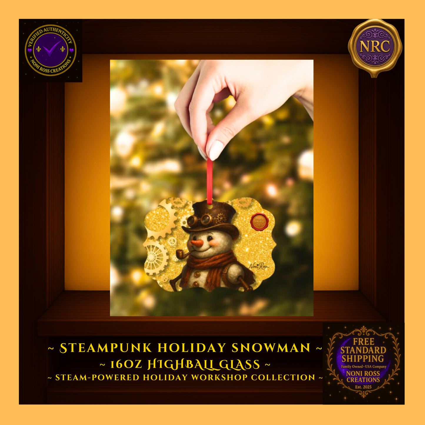 Metal Snowman ornament styled on a mantel with garland and candles — gift-ready scene.