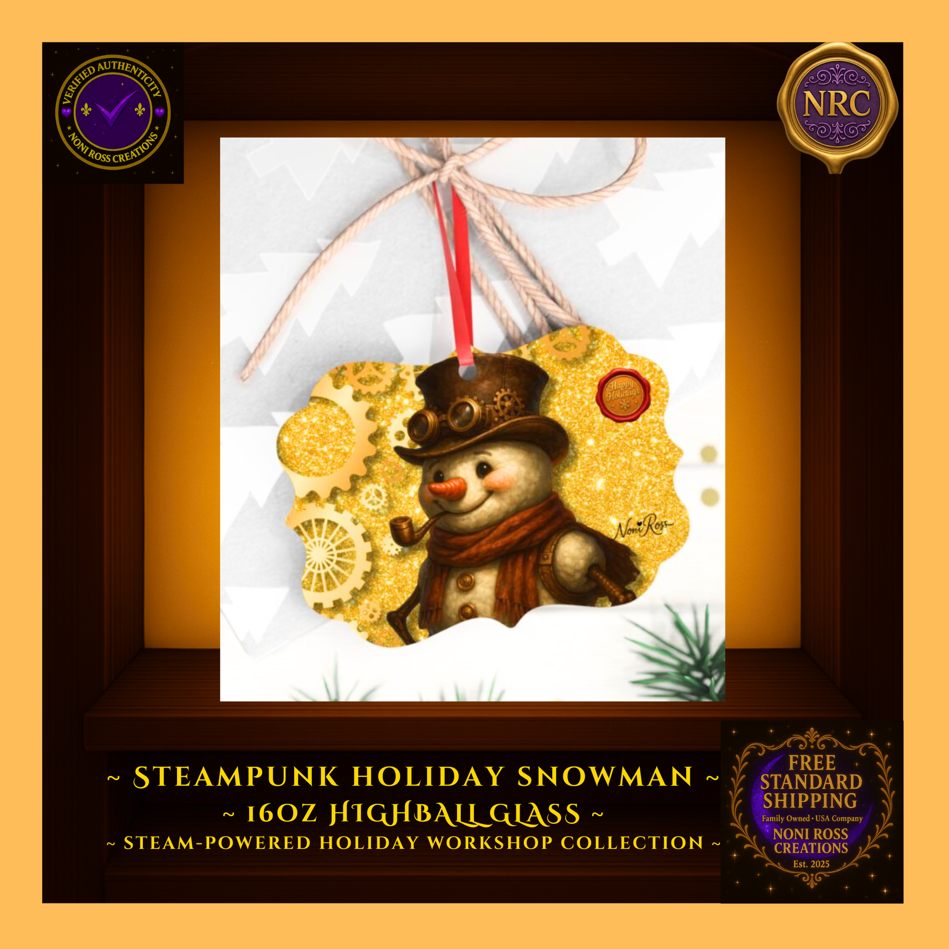 Steampunk Snowman ornament placed beside wrapped presents and pinecones for holiday display.