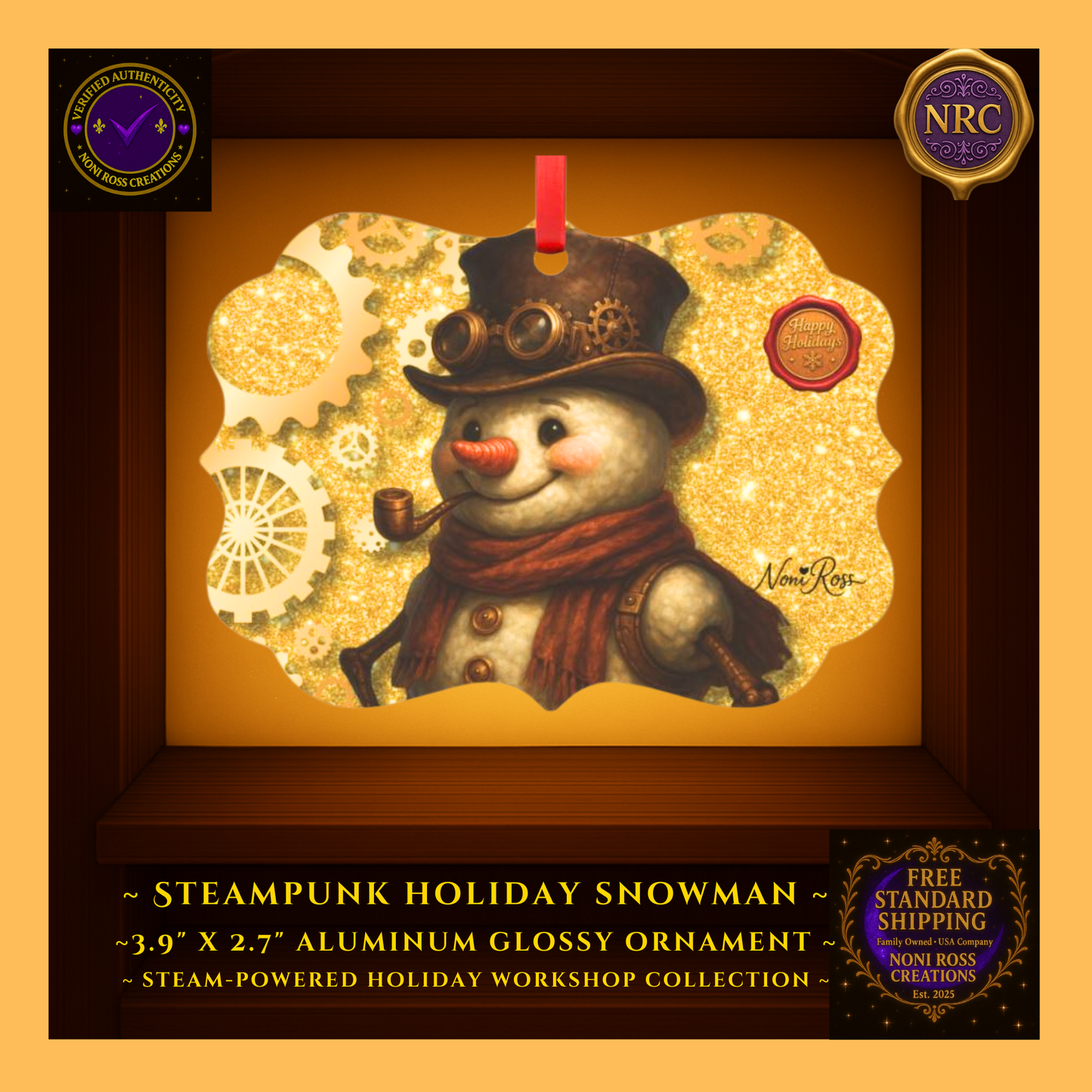 Steampunk Snowman metal ornament with top hat, carrot nose, and gold gear accents on glitter backdrop — Noni Ross Creations.