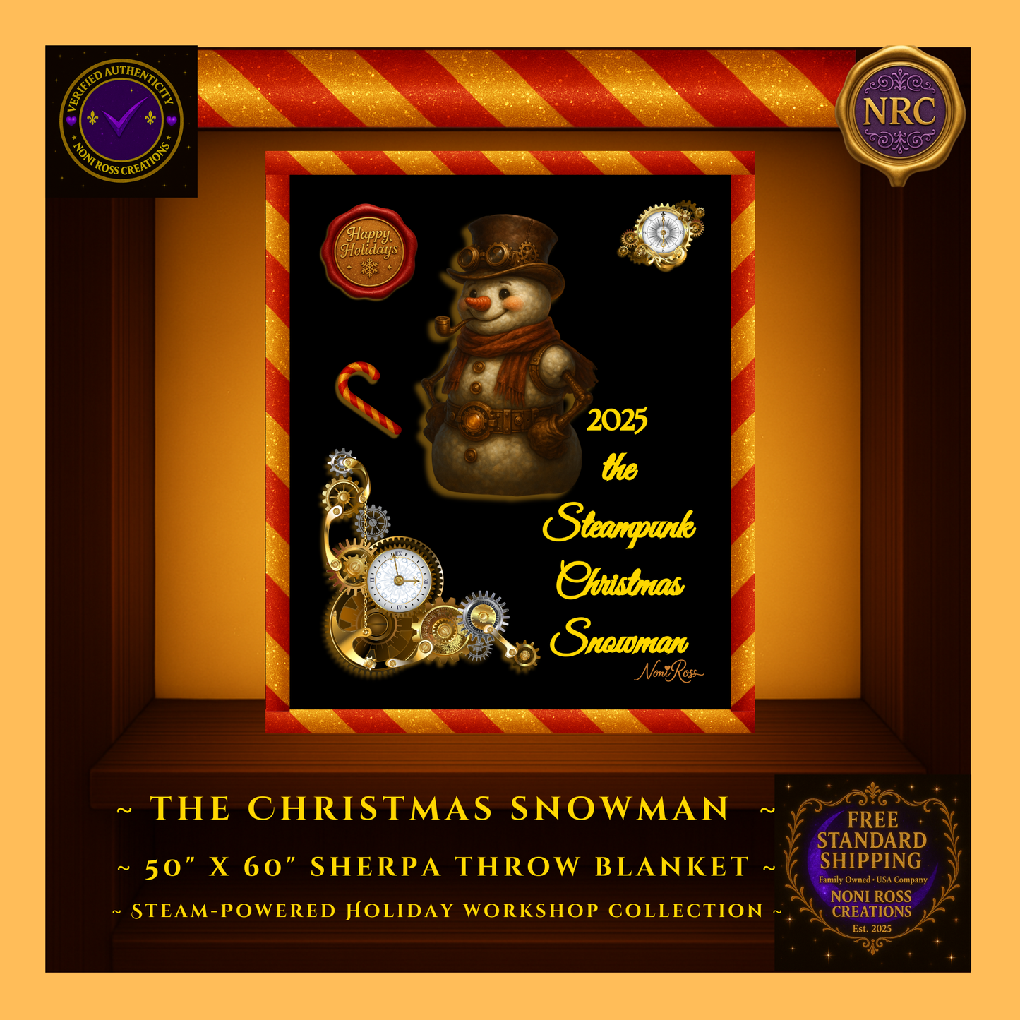 Close-up of the Steam-Powered Christmas Snowman artwork showing glowing gears, icy blue accents, brass details, and Christmas border on sherpa blanket