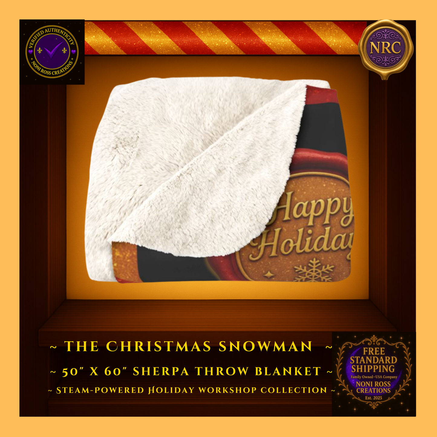 Steam-Powered Christmas Snowman sherpa blanket folded to reveal soft white sherpa backing and detailed snowman artwork inside gold cubby frame