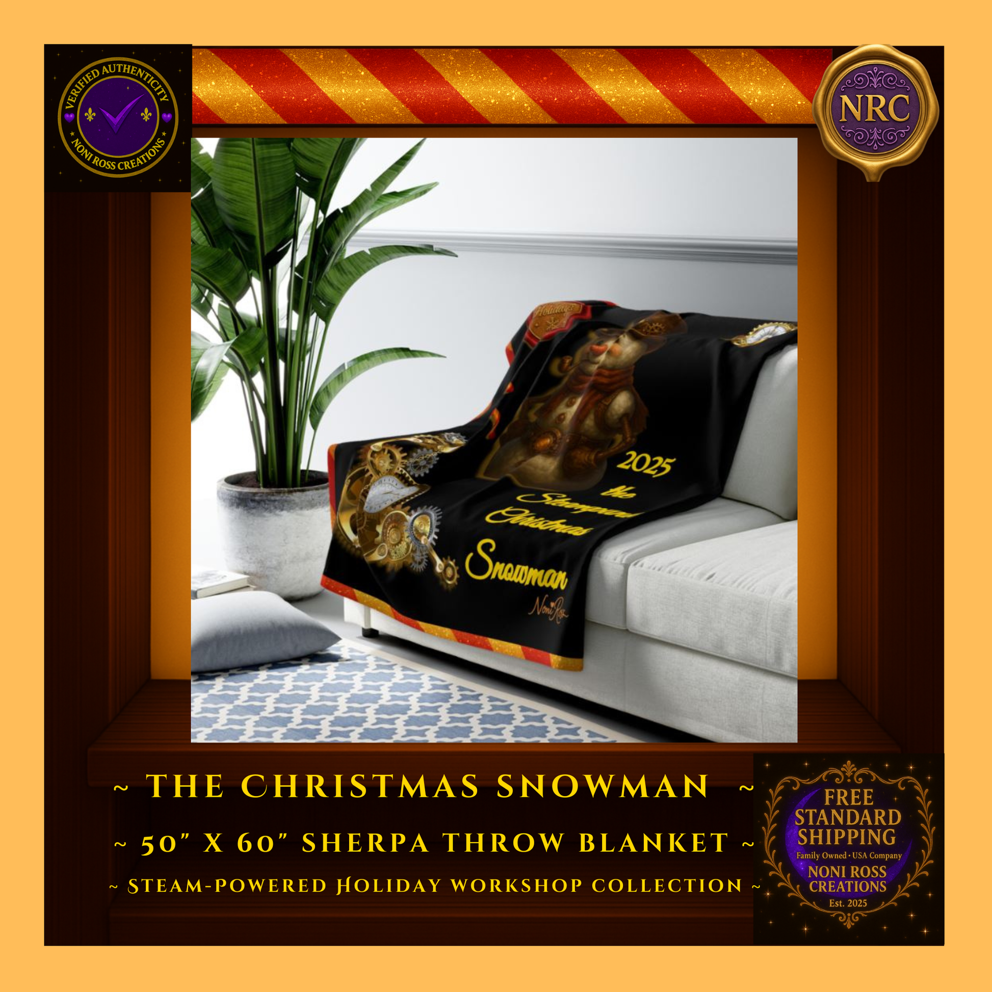 Steam-Powered Christmas Snowman sherpa blanket draped over a crib rail inside a gold cubby frame as cozy winter nursery décor