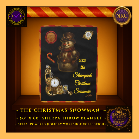 Steam-Powered Christmas Snowman sherpa throw blanket displayed in a gold cubby frame with festive steampunk gears and NRC holiday branding