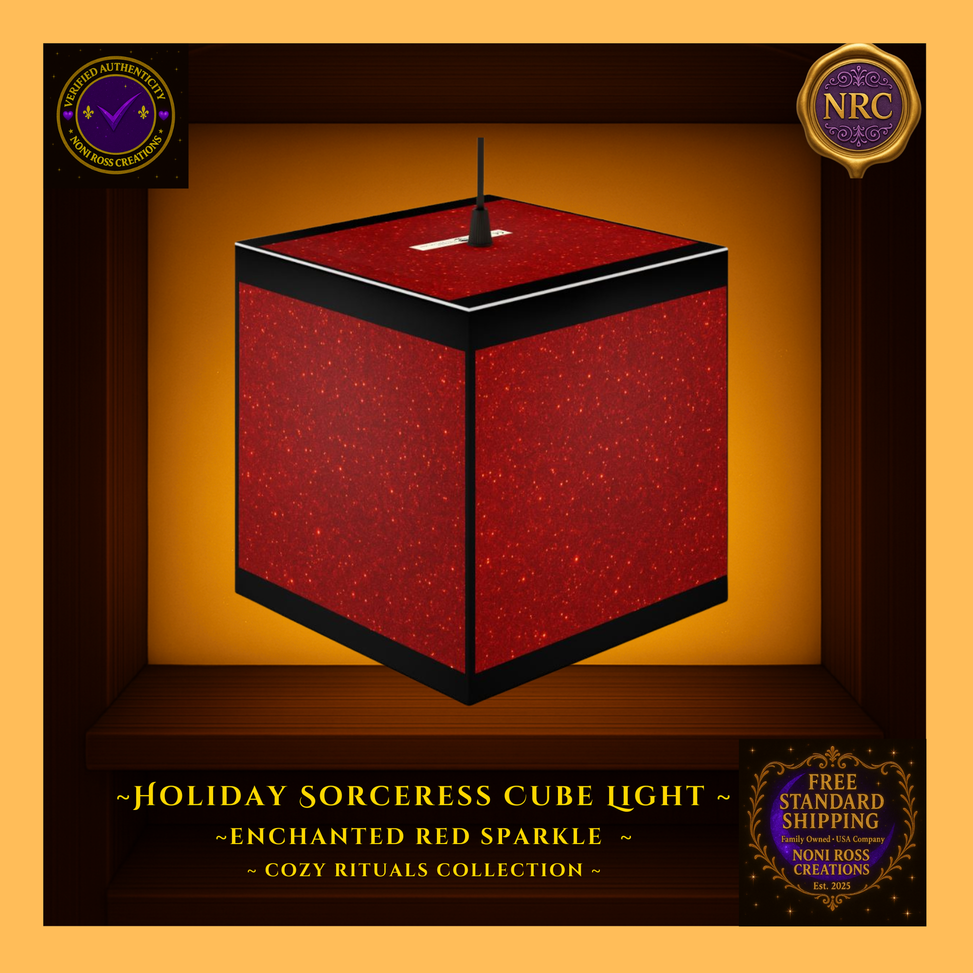 Back view of the Holiday Sorceress Cube Light in a gold cubby frame showing the seamless red sparkle design with subtle glowing texture