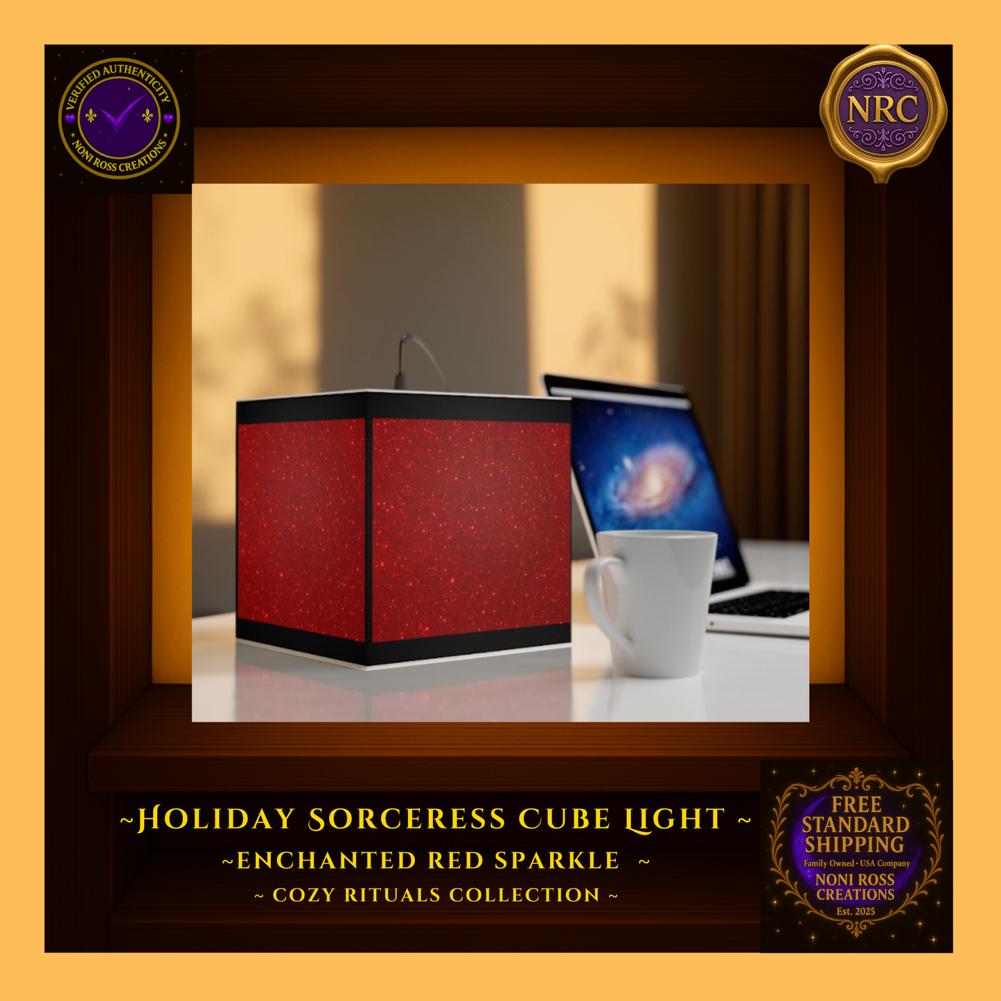 Lifestyle gold cubby scene showing the Holiday Sorceress Cube Light illuminated in a cozy holiday room setting, casting a warm magical glow