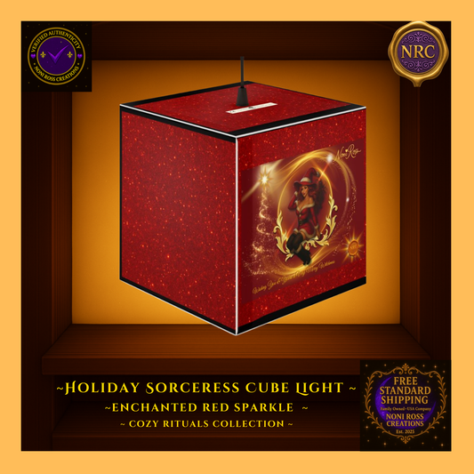 Holiday Sorceress Cube Light displayed in a gold cubby frame, featuring red sparkle background, golden magical swirls, and festive Noni Ross Creations holiday artwork