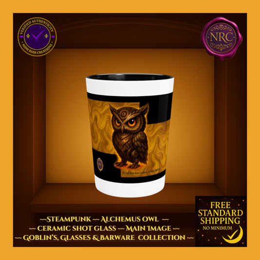 Steampunk Alchemus Owl on golden-swirl panel; white 1.9oz ceramic shot glass with black interior and band — Noni Ross Creations.