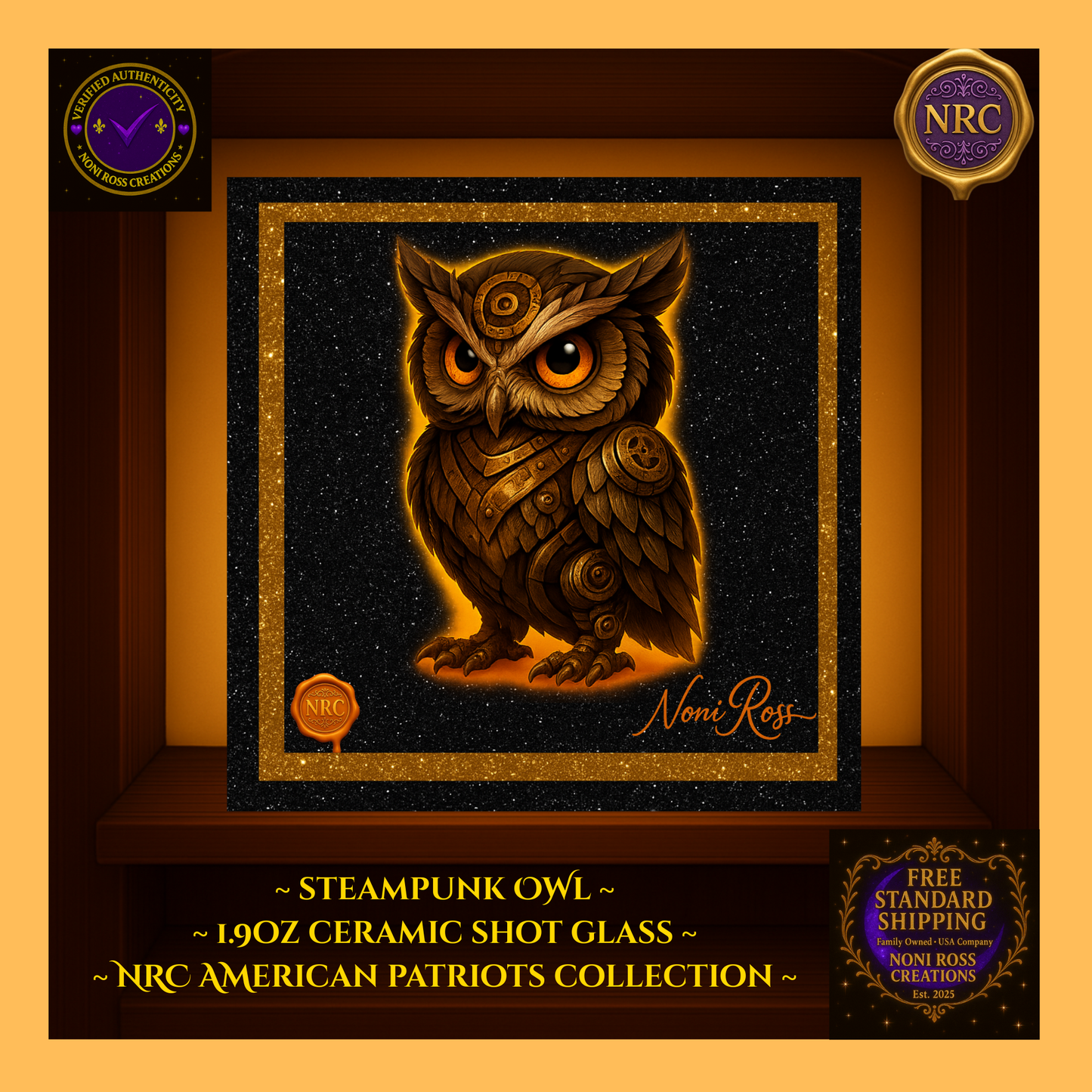 Steampunk Alchemus Owl Ceramic Shot Glass by Noni Ross Creations