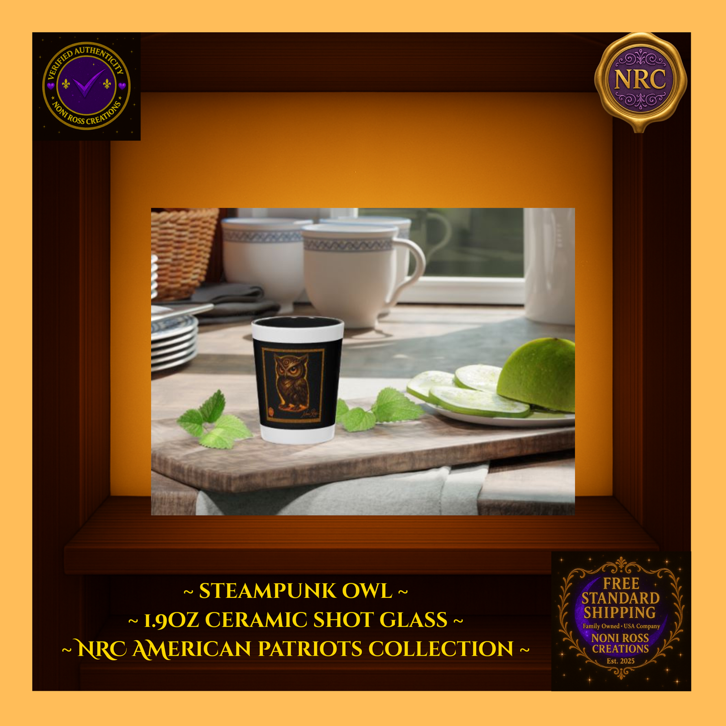 Steampunk Alchemus Owl Ceramic Shot Glass by Noni Ross Creations