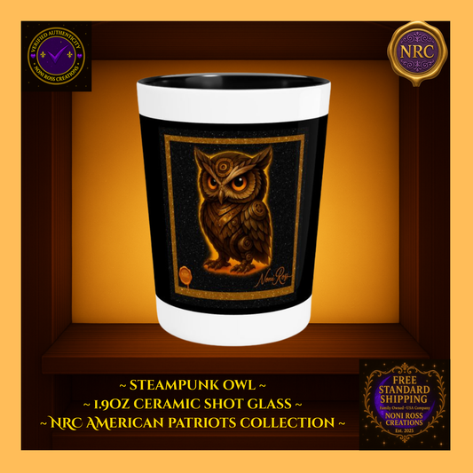 Steampunk Alchemus Owl Ceramic Shot Glass by Noni Ross Creations
