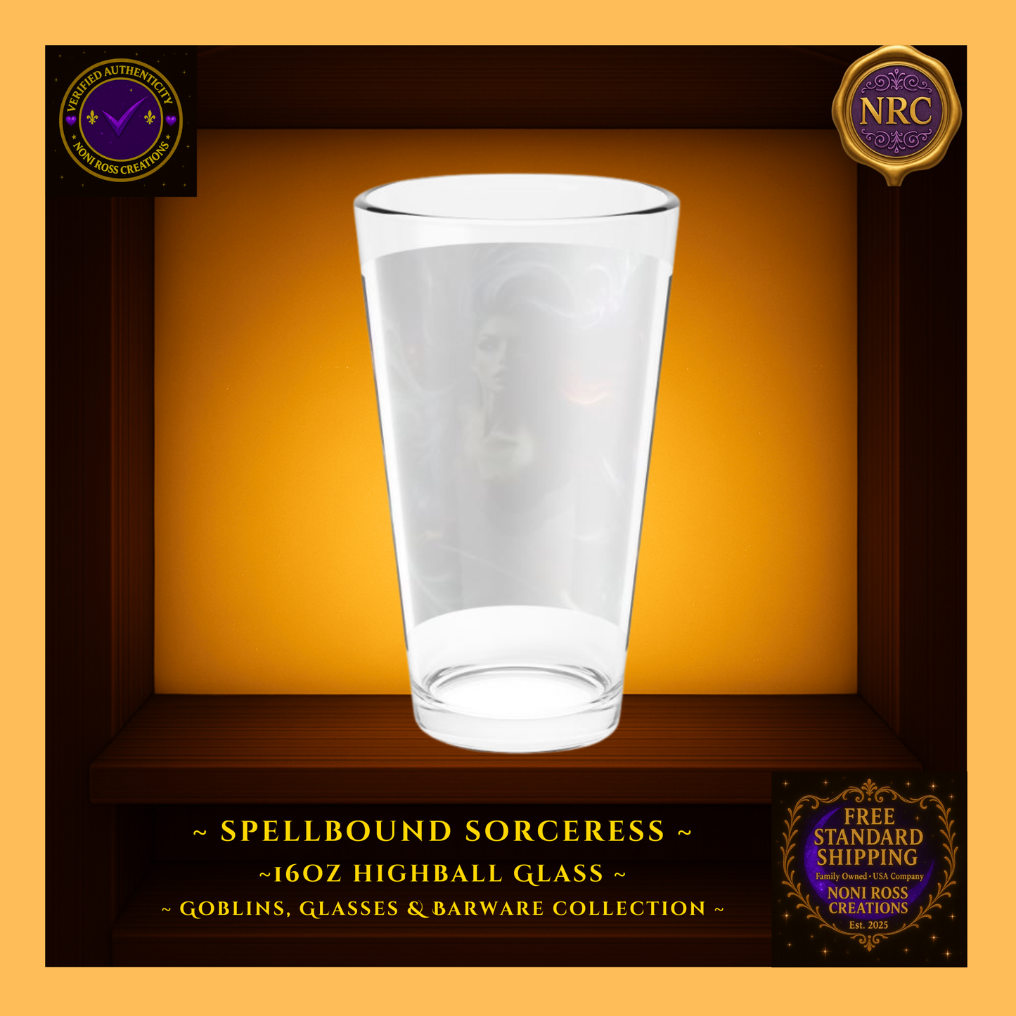 Back view of the Spellbound Sorceress 16oz Highball Glass in a gold cubby display featuring swirling star dust and nebula patterns