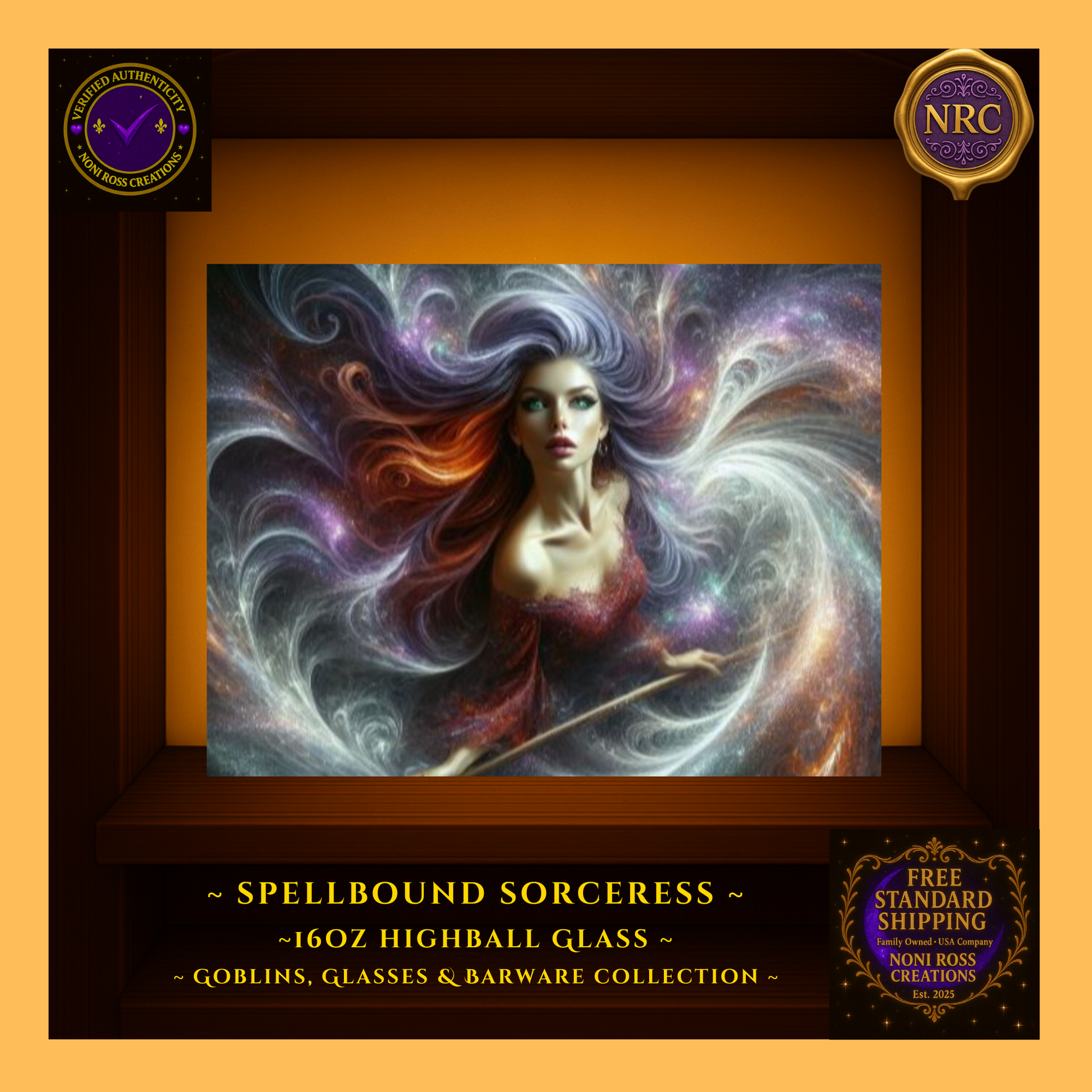 Close-up gold cubby image of the Spellbound Sorceress artwork showing detailed cosmic swirls, color gradients, and glossy print finish