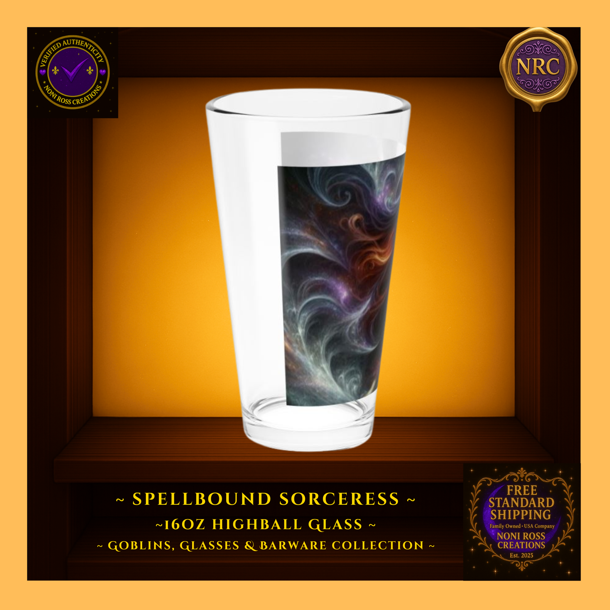 Left side view of the Spellbound Sorceress 16oz Highball Glass in a gold cubby showing celestial nebula swirls and vivid cosmic tones