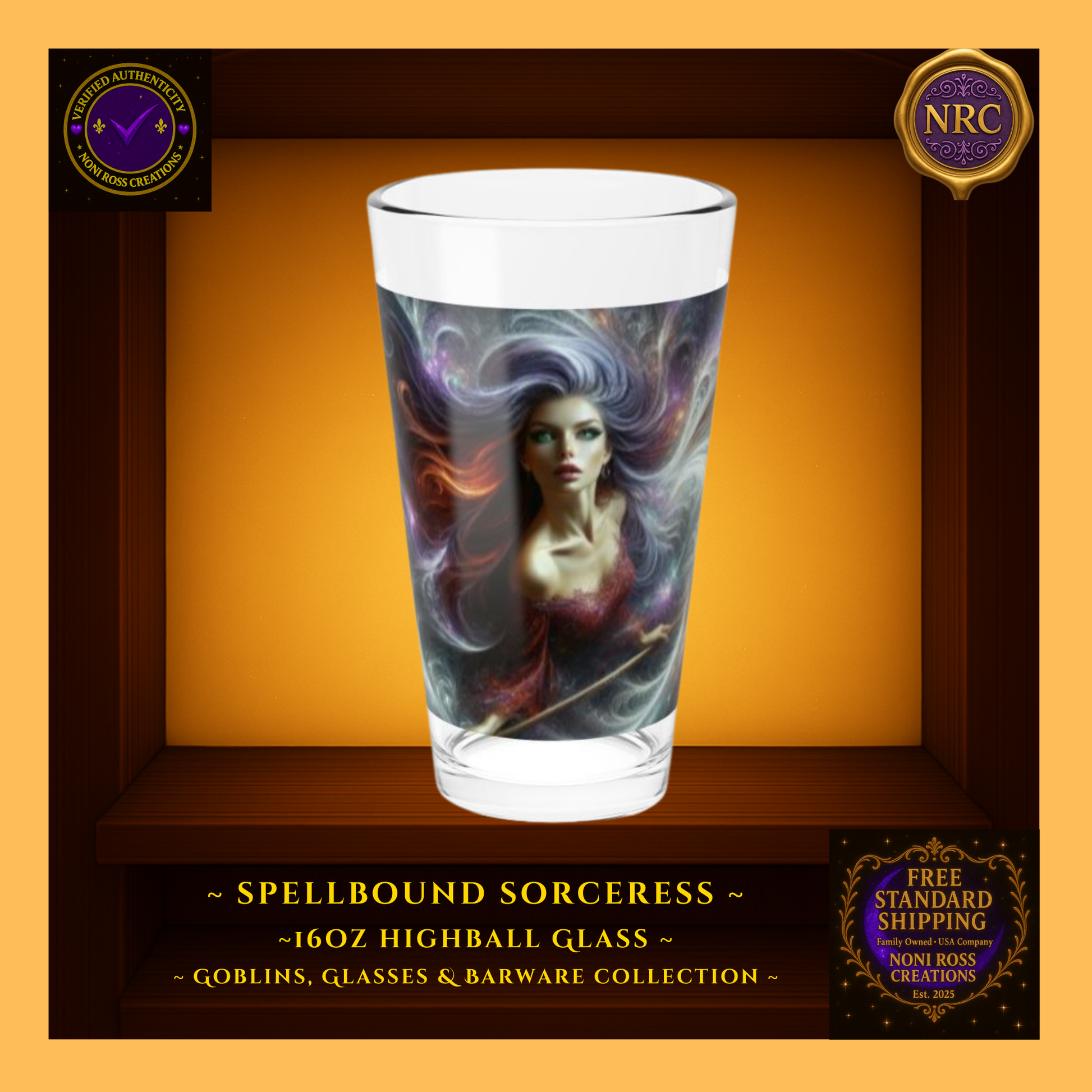 Spellbound Sorceress 16oz Highball Glass displayed in a gold cubby frame with swirling cosmic artwork and vibrant nebula colors from Noni Ross Creations