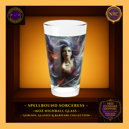 Spellbound Sorceress 16oz Highball Glass displayed in a gold cubby frame with swirling cosmic artwork and vibrant nebula colors from Noni Ross Creations