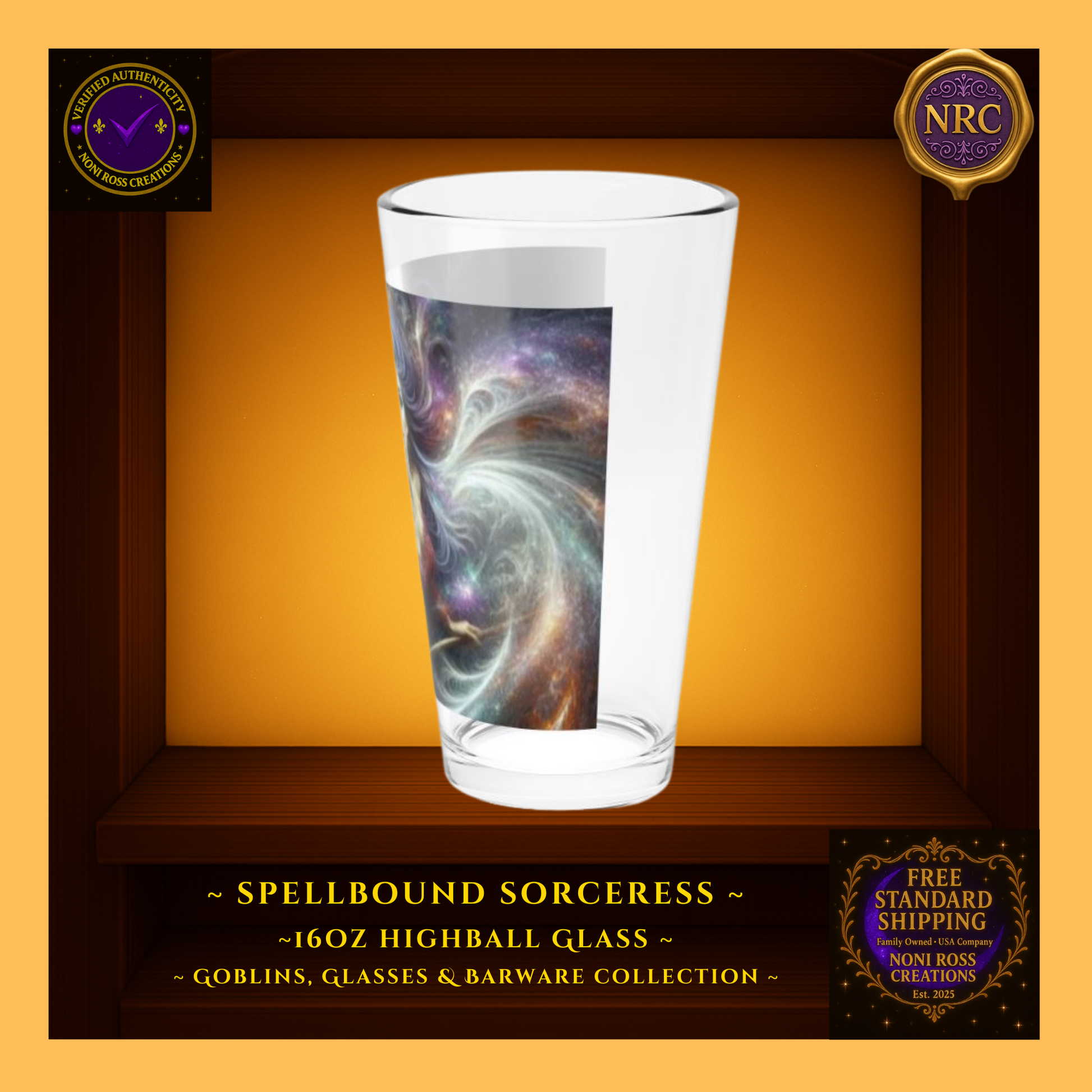 Right side view of the Spellbound Sorceress highball glass in a gold cubby frame highlighting the galaxy artwork wrapping around the glass