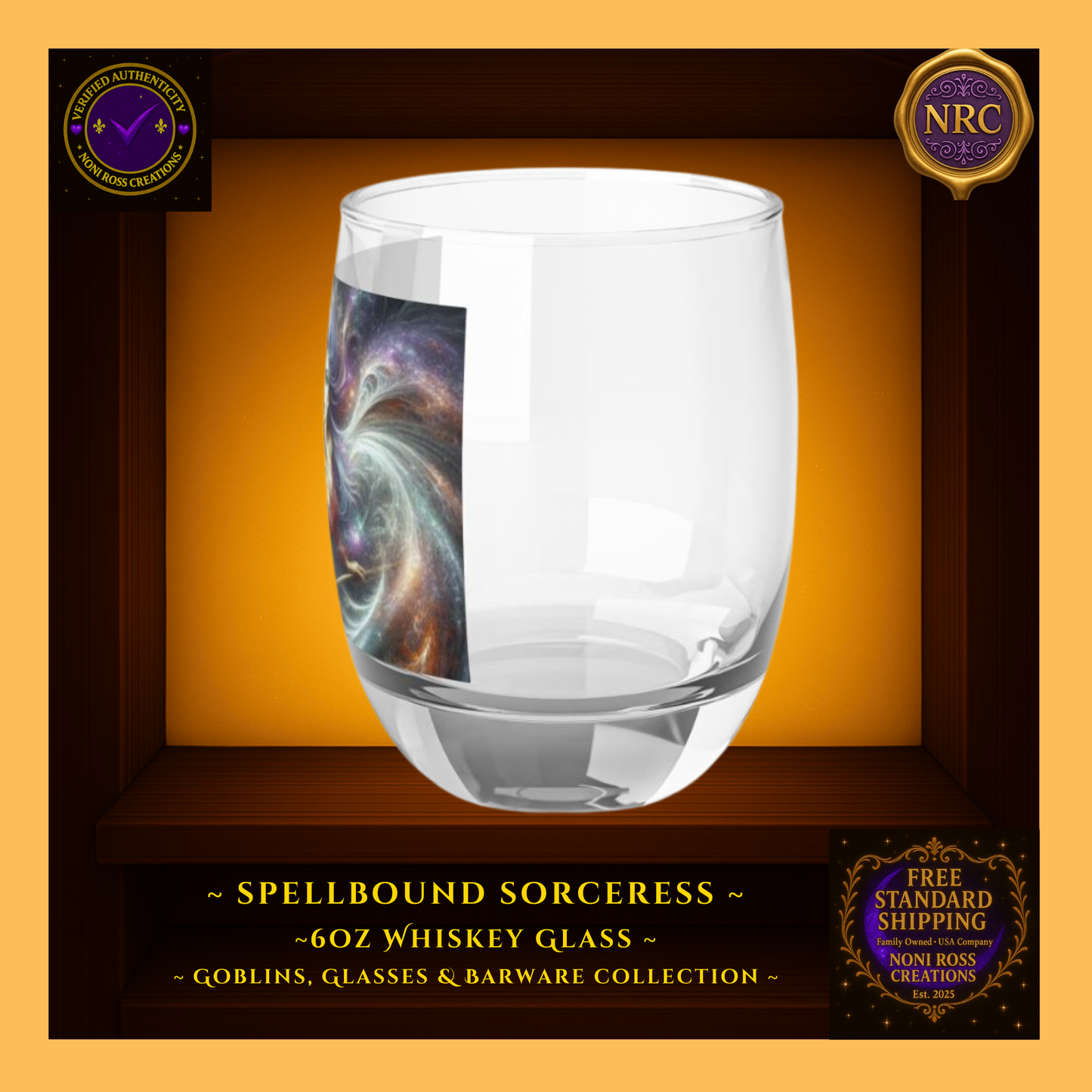 Left side view of the Spellbound Sorceress 6oz Whiskey Glass in a gold cubby display showing the cosmic nebula artwork wrapping around the glass