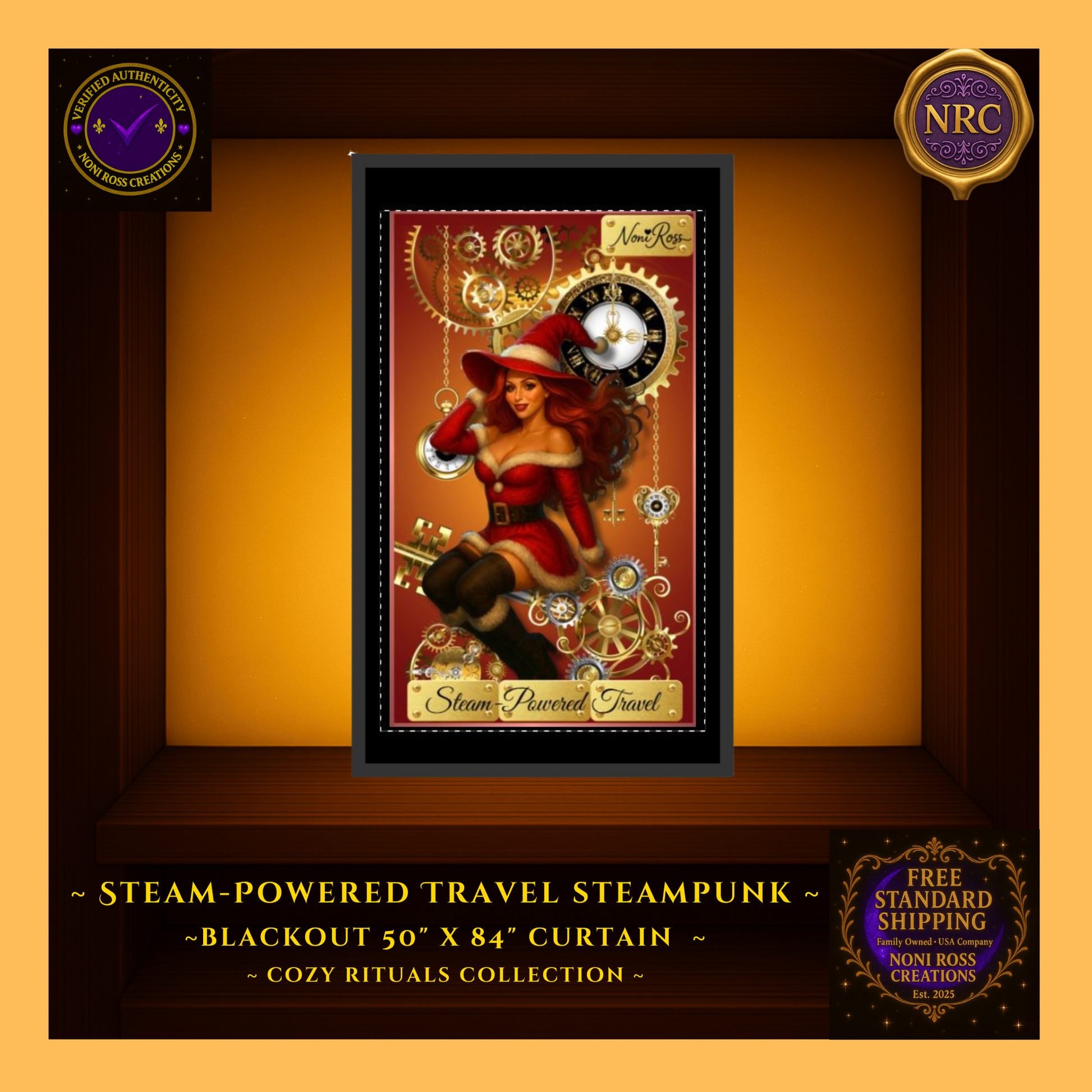 “Close-up gold cubby image highlighting the detailed golden gears, rich crimson tones, and steampunk clock elements of the Steam-Powered Travel blackout curtain.”