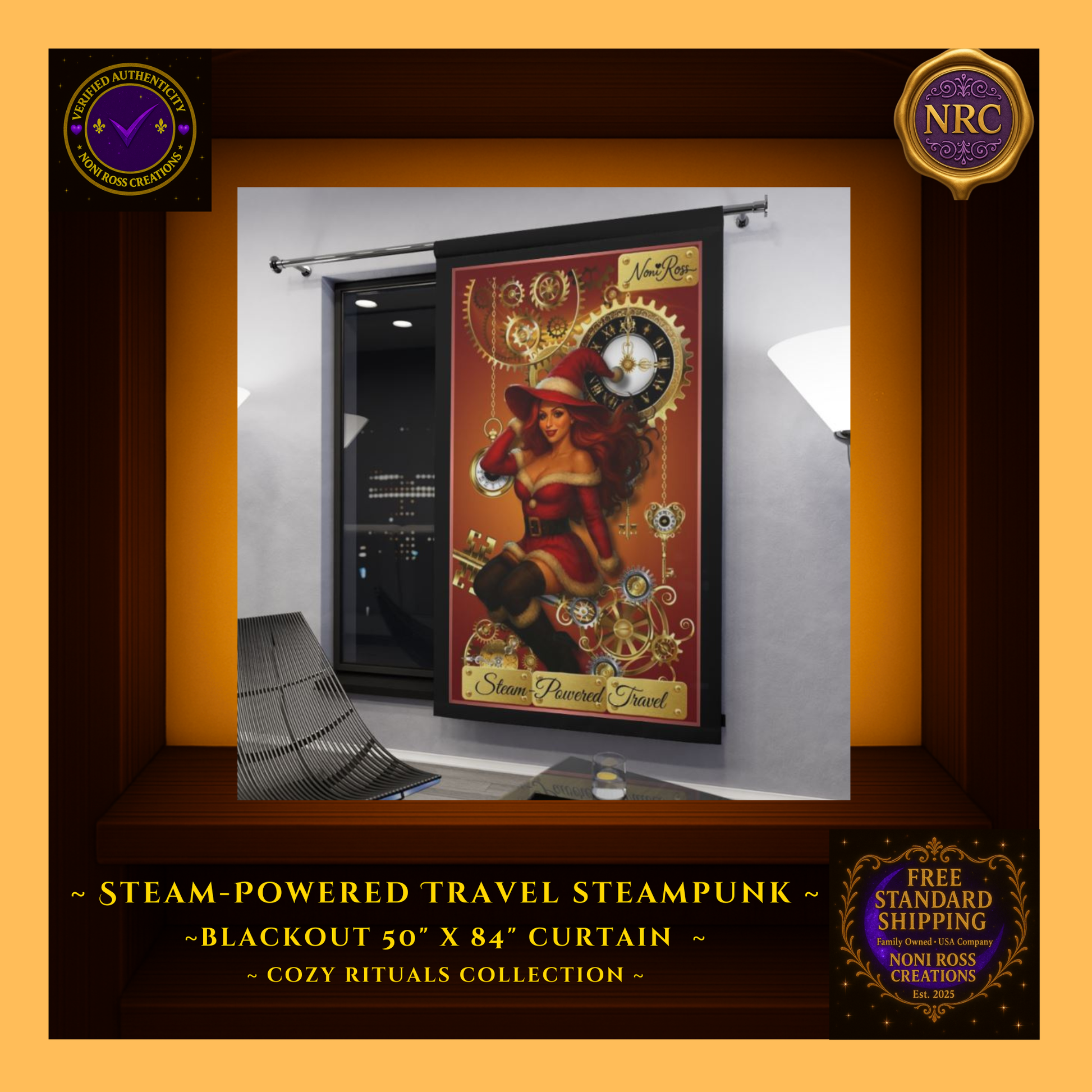 “Lifestyle gold cubby scene showing the blackout curtain partially drawn, emphasizing the bold steampunk artwork and dramatic gold gear accents.”