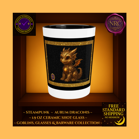 Steampunk Aurum Draconis Gold Dragon on black glitter background; white 1.9oz ceramic shot glass with black interior — Noni Ross Creations.