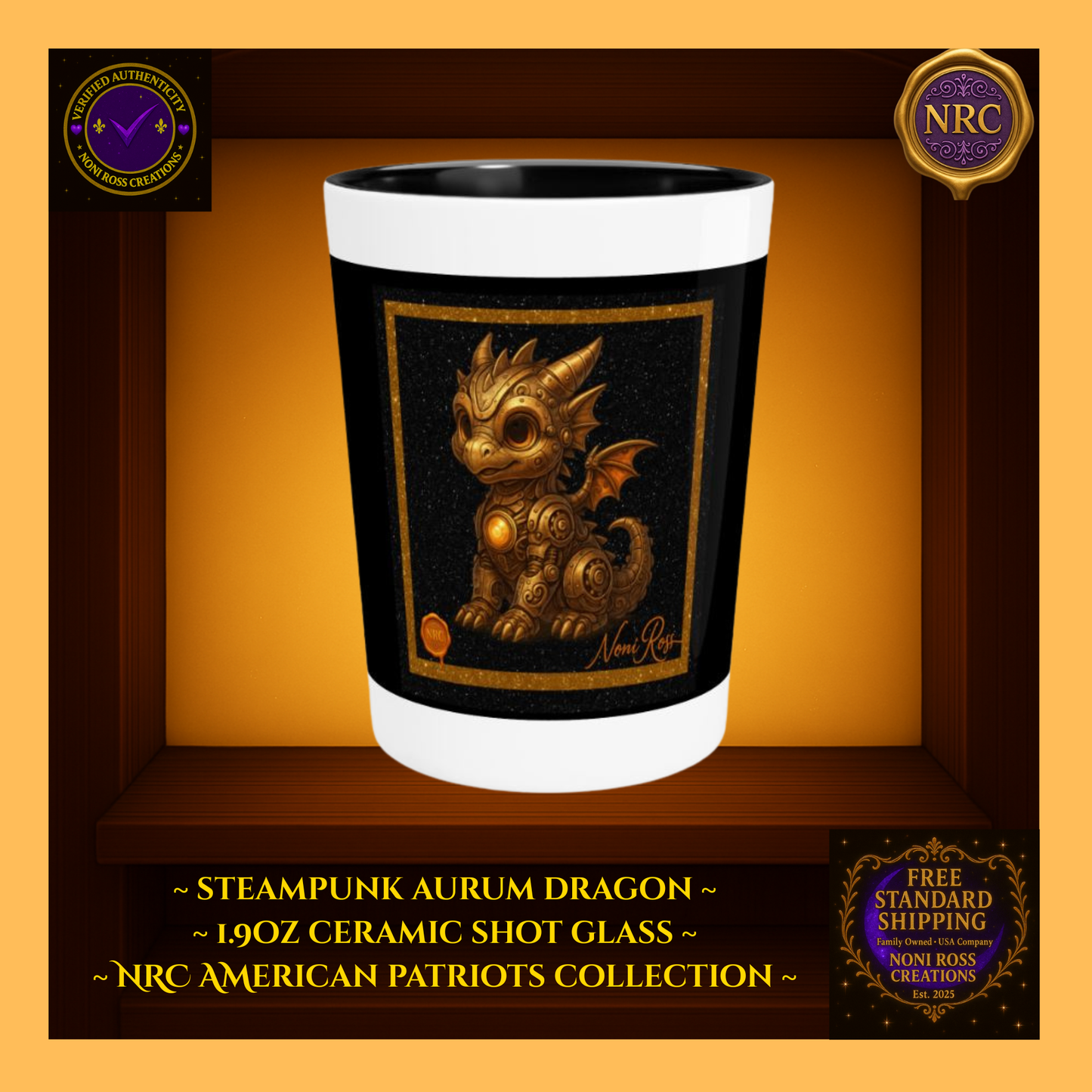 Steampunk Aurum Draconis Gold Dragon Ceramic Shot Glass by Noni Ross Creations