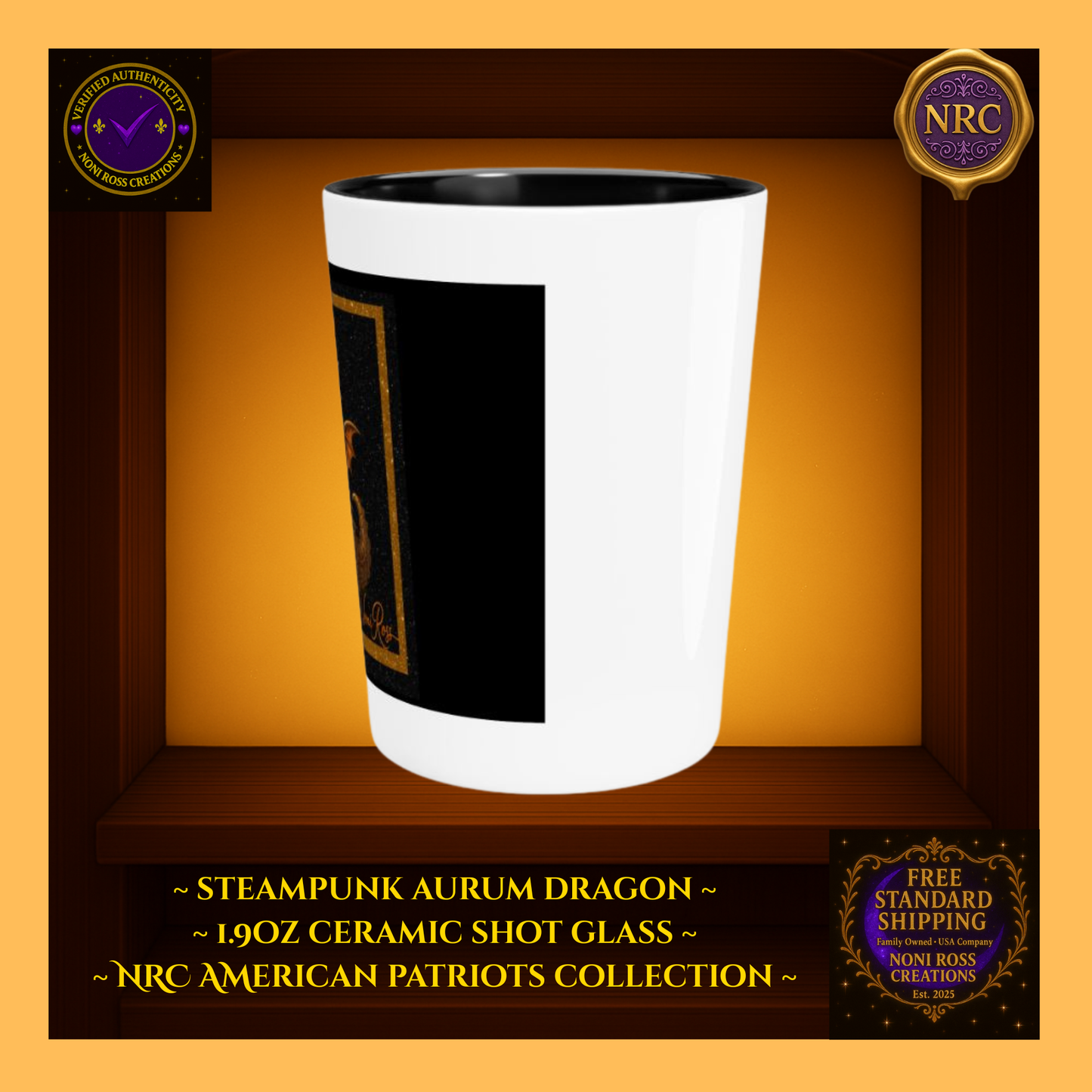 Steampunk Aurum Draconis Gold Dragon Ceramic Shot Glass by Noni Ross Creations