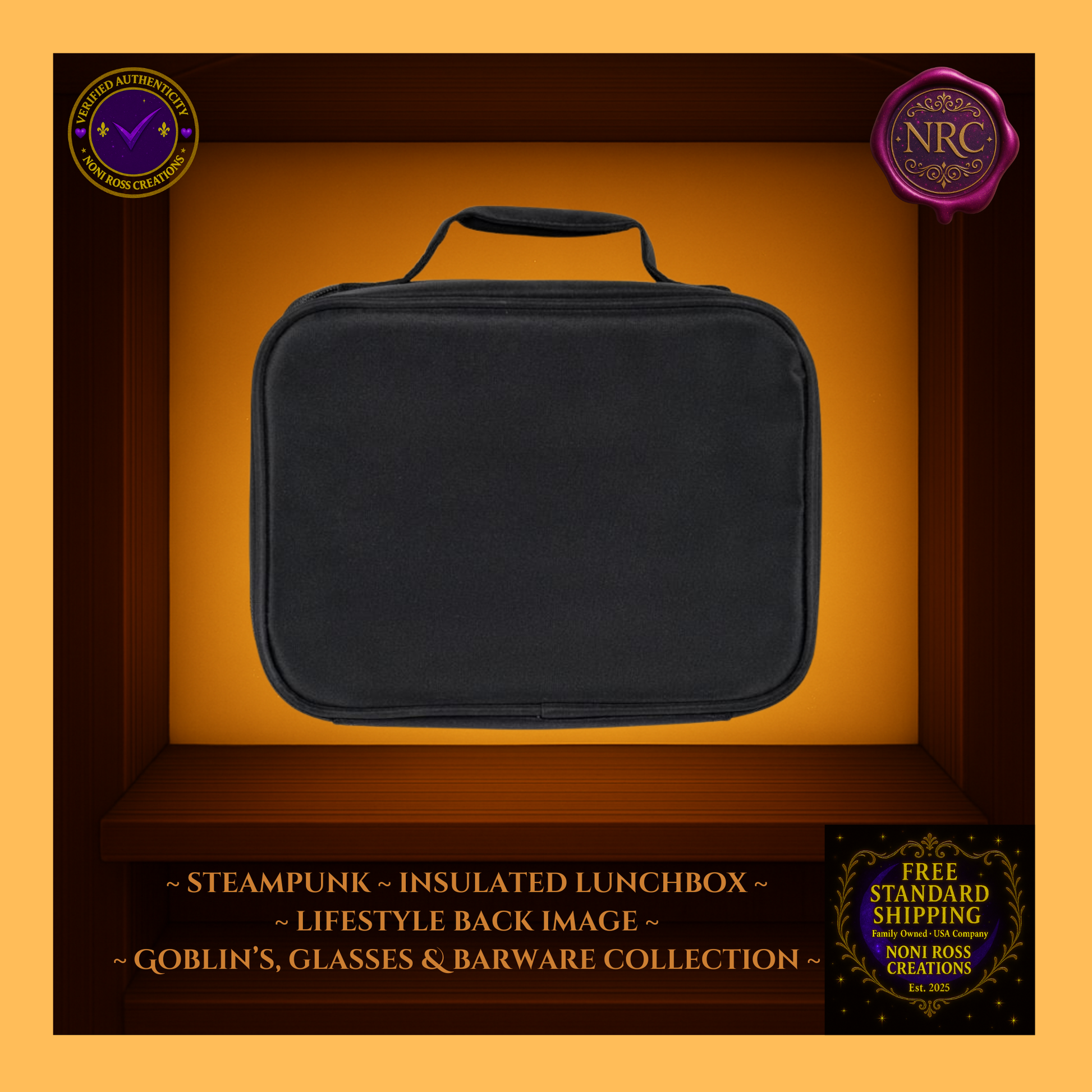 Back view of the Steampunk Clockwork Insulated Lunchbox – sleek black finish with carrying handle, by Noni Ross Creations