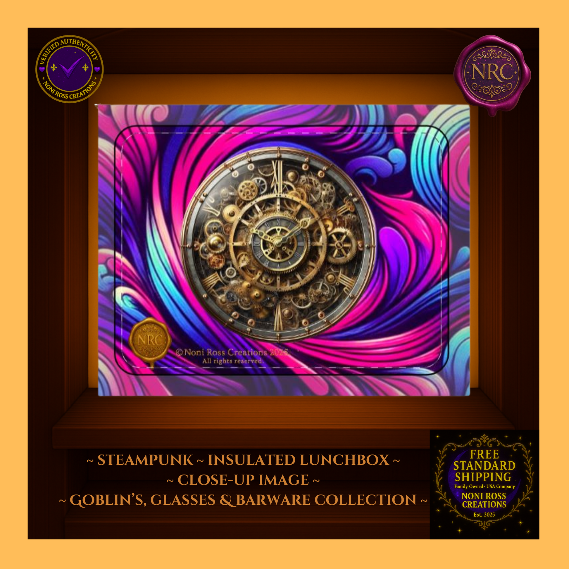 Steampunk Clockwork Lunchbox – vintage gearwork design with swirling magenta and blue pattern, insulated tote by Noni Ross Creations