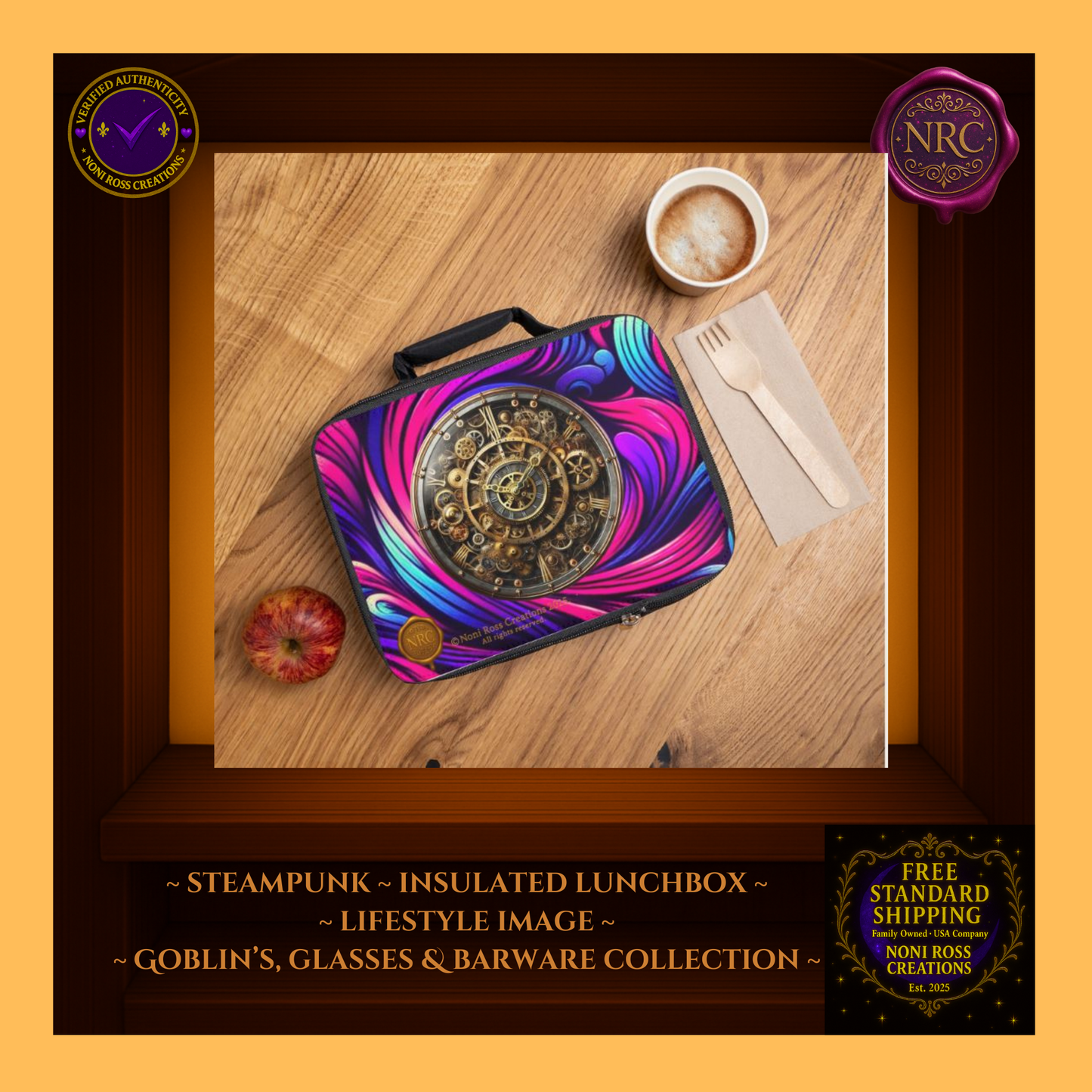 Steampunk Clockwork Lunchbox on wooden table beside coffee and apple – fantasy-inspired insulated lunch bag by Noni Ross Creations