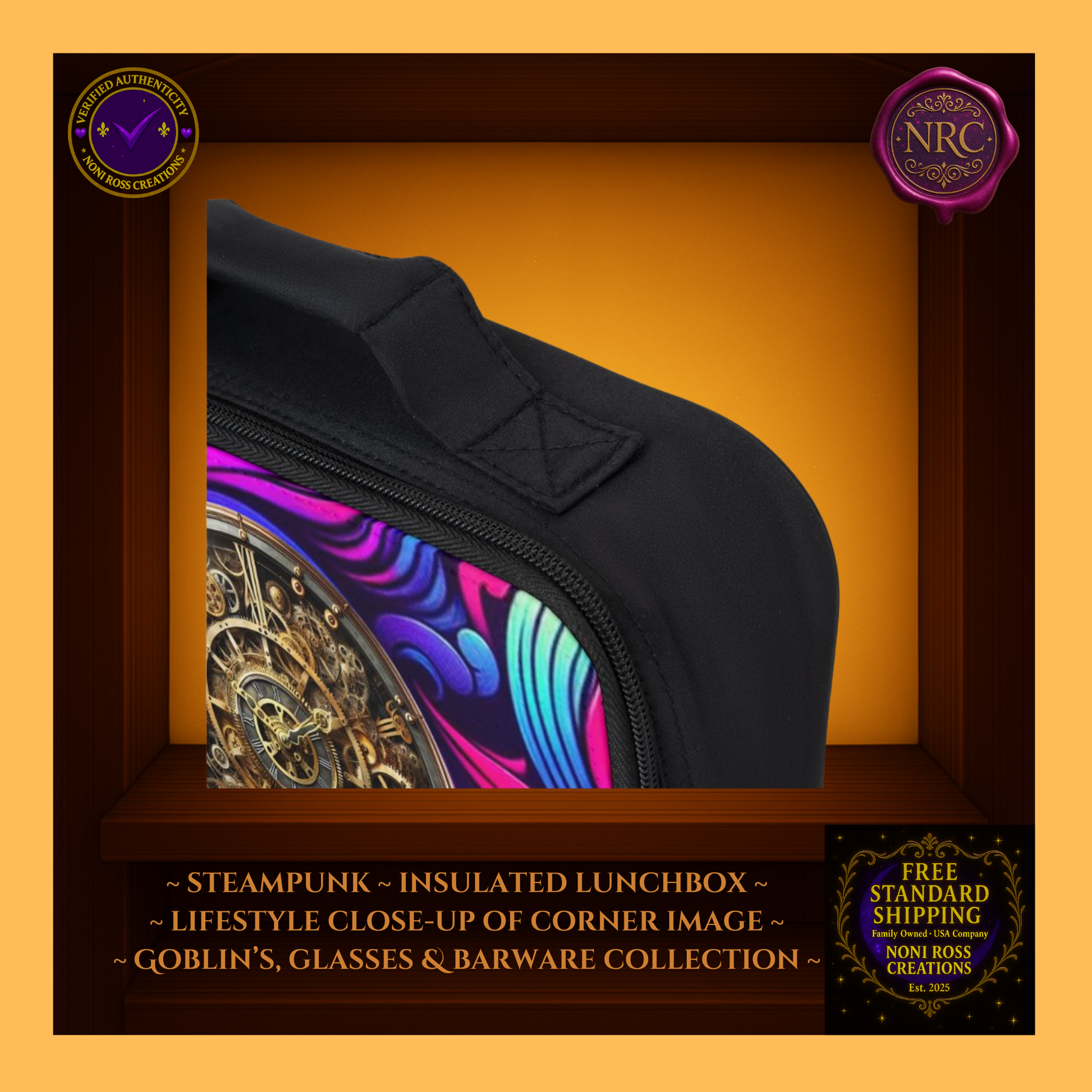 Corner detail showing black zipper and vibrant swirling pattern of the Steampunk Clockwork Lunchbox from Noni Ross Creations