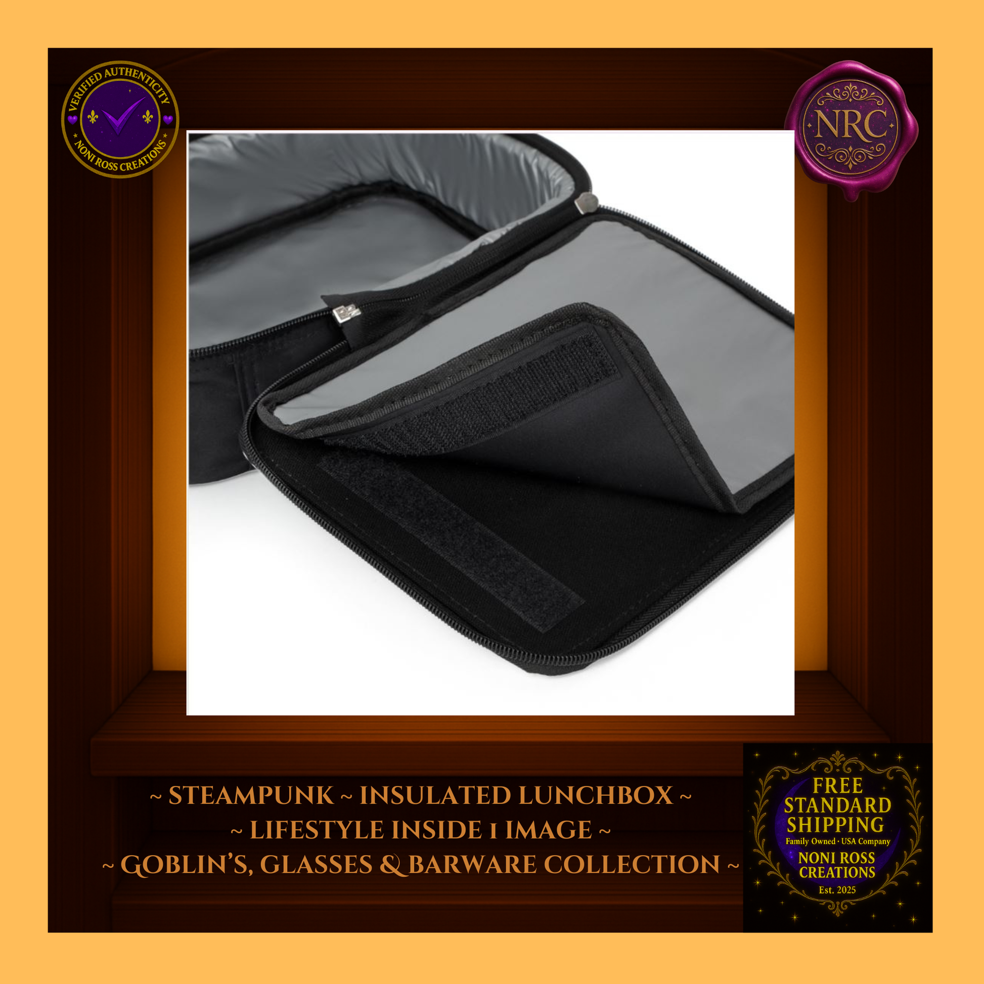 Detailed view of the lunchbox interior flap and Velcro closure on the Steampunk Clockwork design by Noni Ross Creations