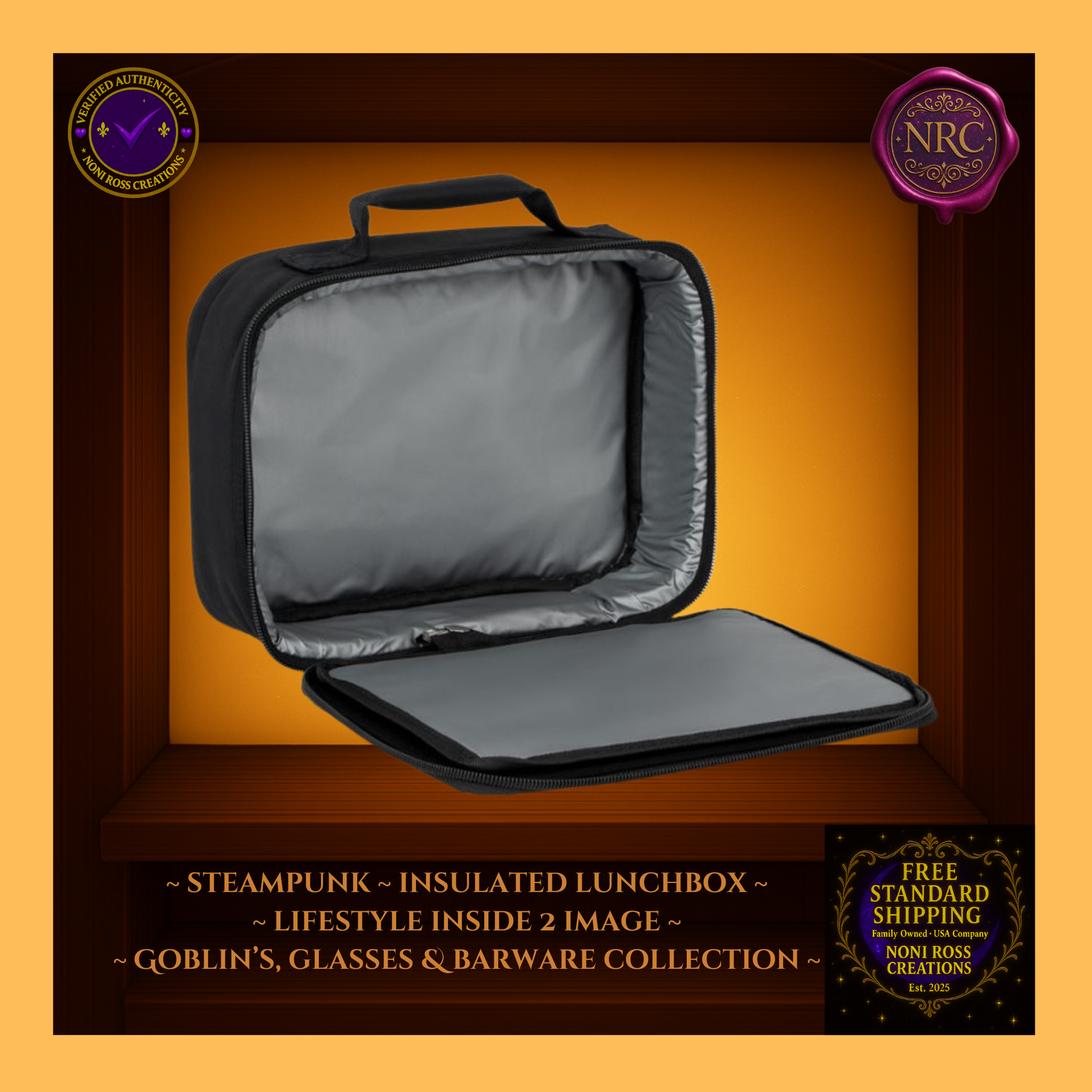 Detailed view of the lunchbox interior flap and Velcro closure on the Steampunk Clockwork design by Noni Ross Creations