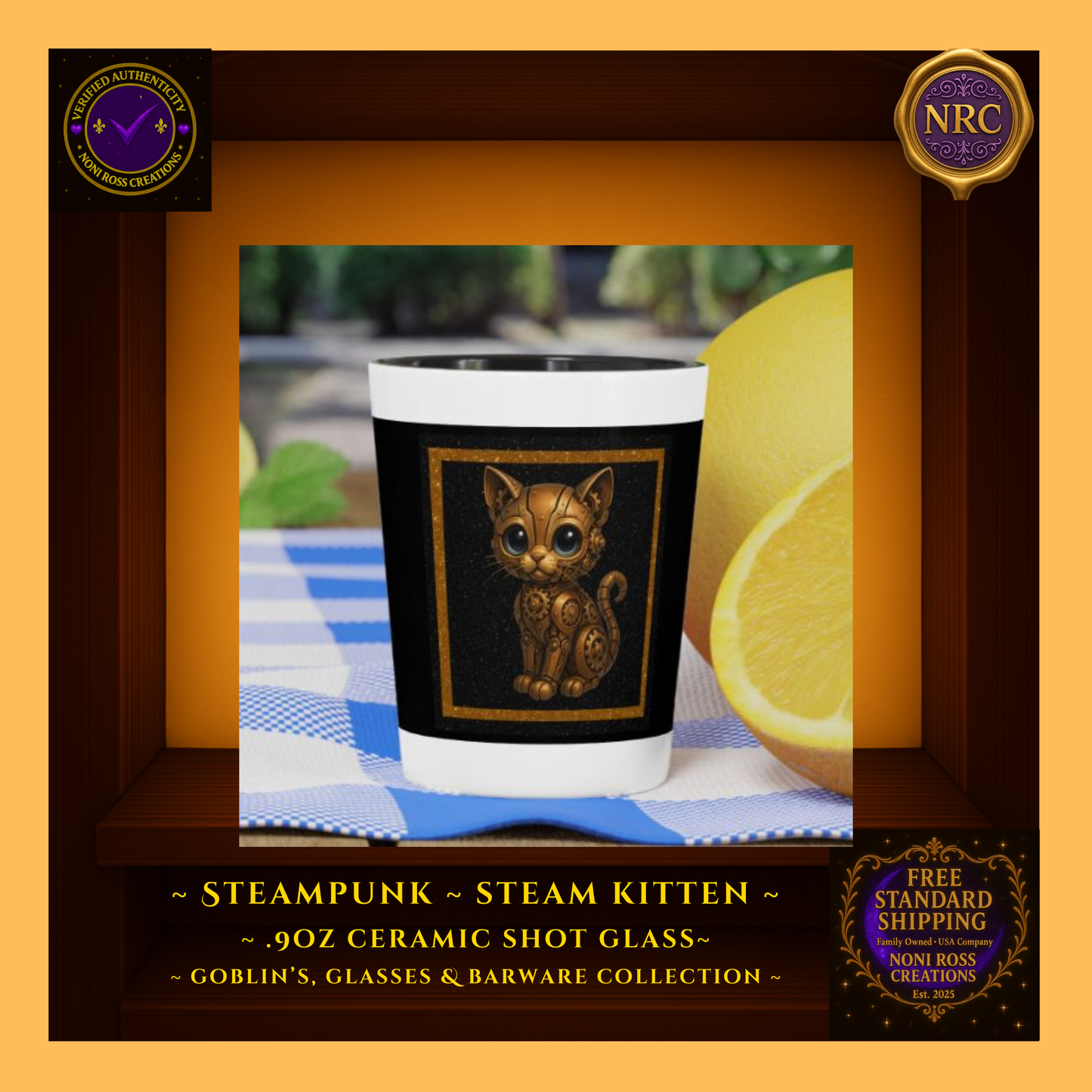 Steampunk Puss Ceramic Shot Glass by Noni Ross Creations