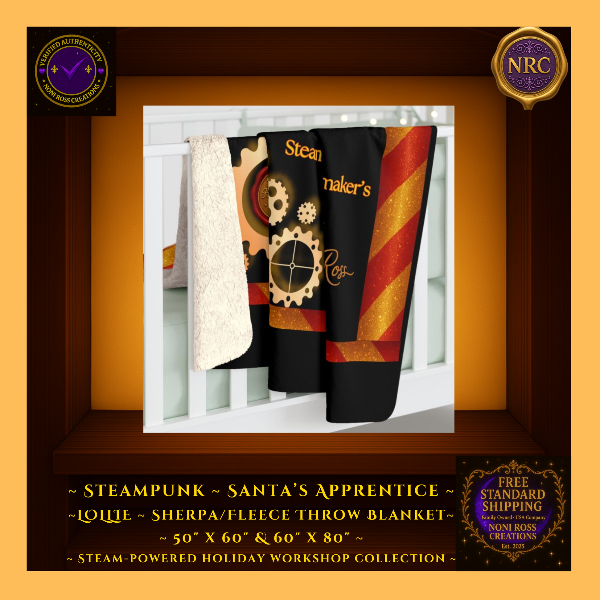 Lollie Girl Elf steampunk sherpa blanket hanging on crib in cubby – cozy nursery holiday décor with gears and candy-striped border